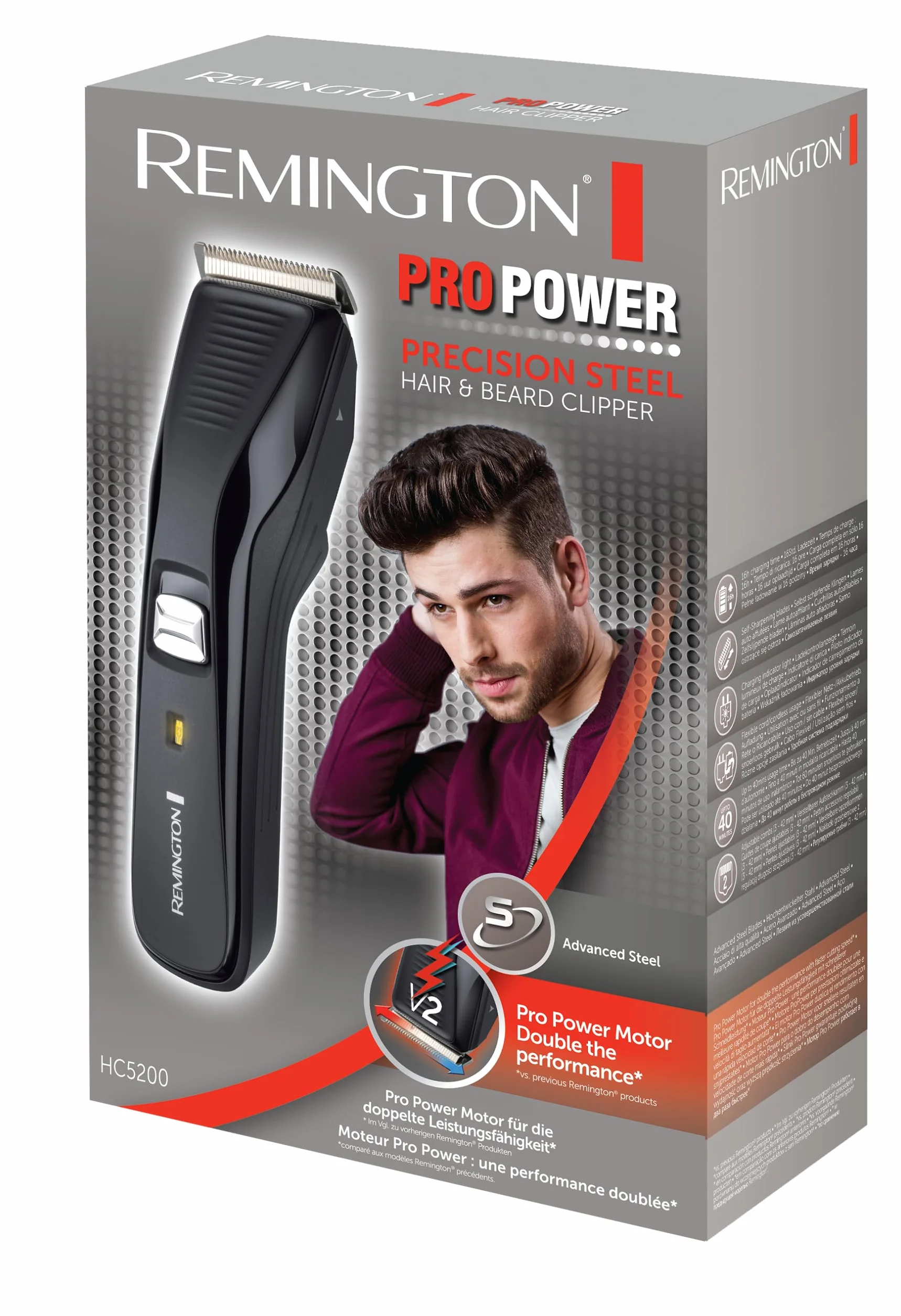 Remington Tagliacapelli - Lame in Acciaio Inox - Motore ProPower: Velocità di taglio 300 mm-s, 2 pettini accessori, Funzionamento a rete-batteria agli ioni di litio, Tagliacapelli Pro Power HC5200