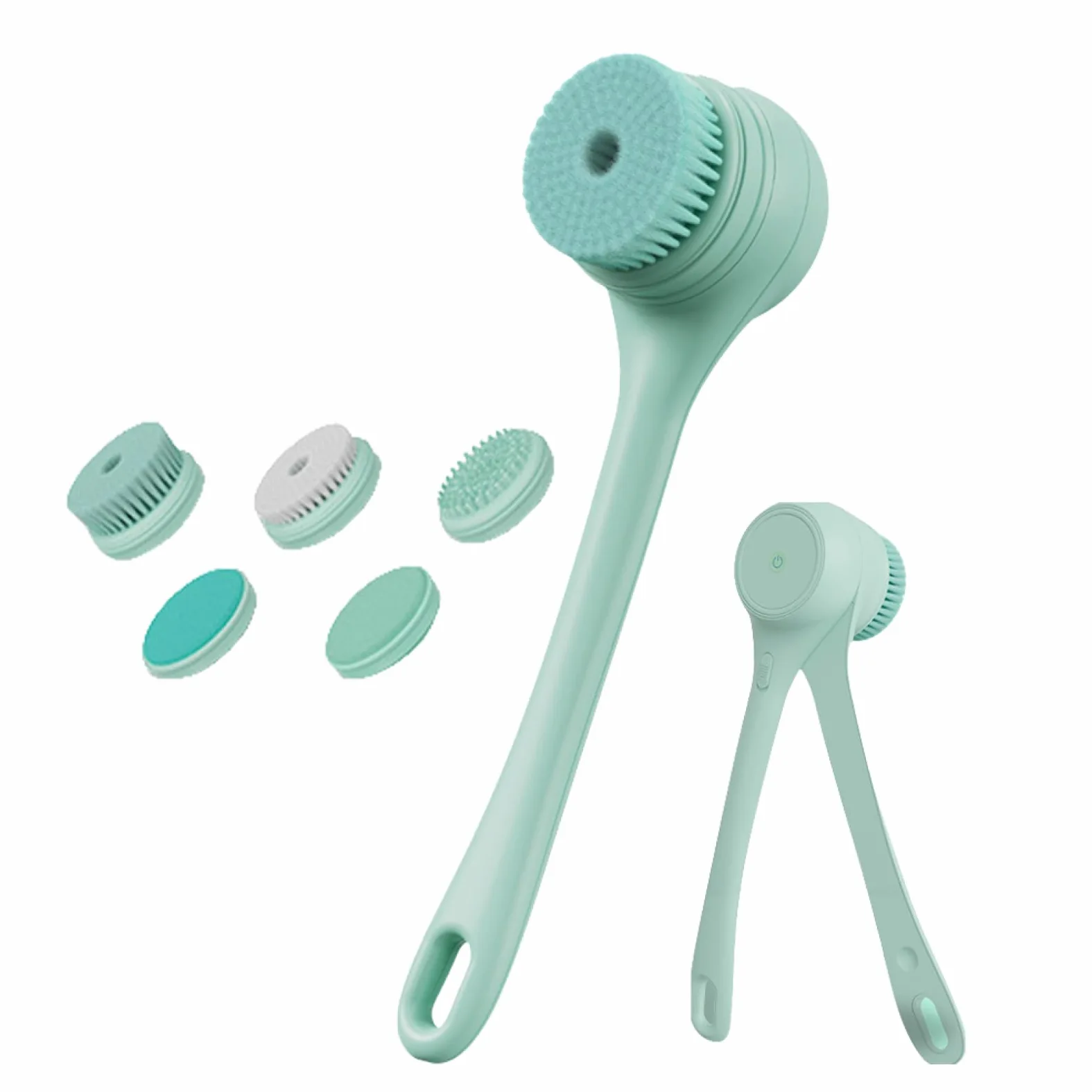 Spazzola elettrica per il corpo | Scrubber per il corpo con ricarica USB | con manico lungo, 5 testine per massaggio schiena e viso