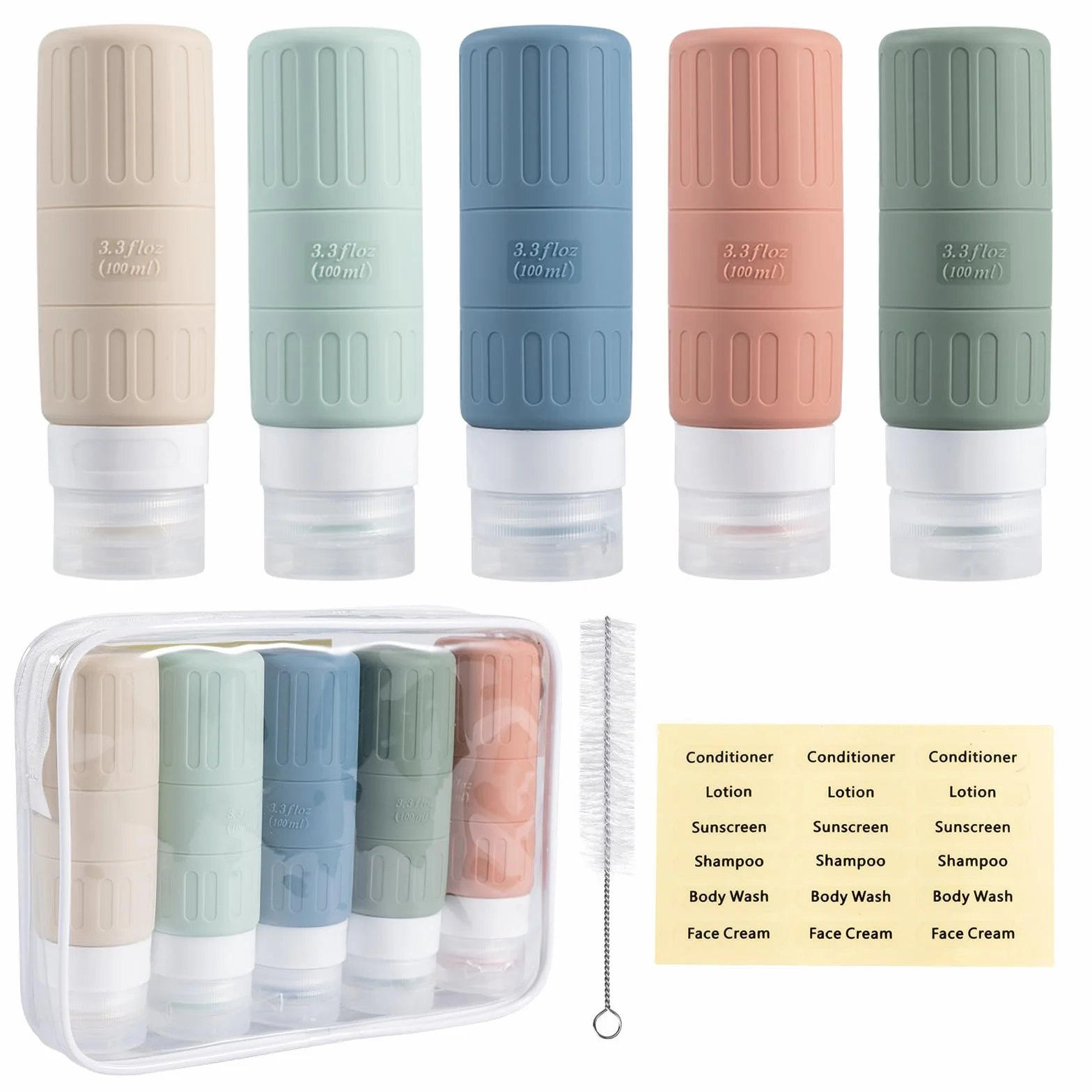 Carehabi Bottiglie da 100 ml da riempire, 5 bottiglie da viaggio in silicone per shampoo, gel doccia, cosmetici, bottiglie da viaggio