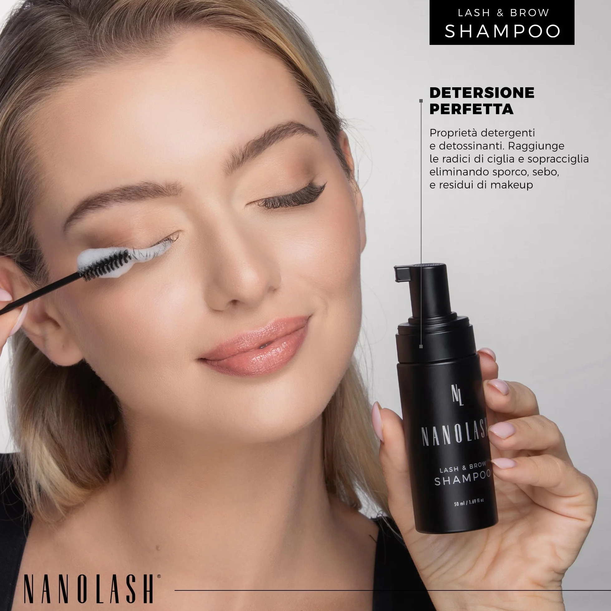 Shampoo per ciglia e sopracciglia Nanolash 50 ml - shampoo detergente per ciglia e sopracciglia, schiuma lavante ciglia e sopracciglia, shampoo extension ciglia