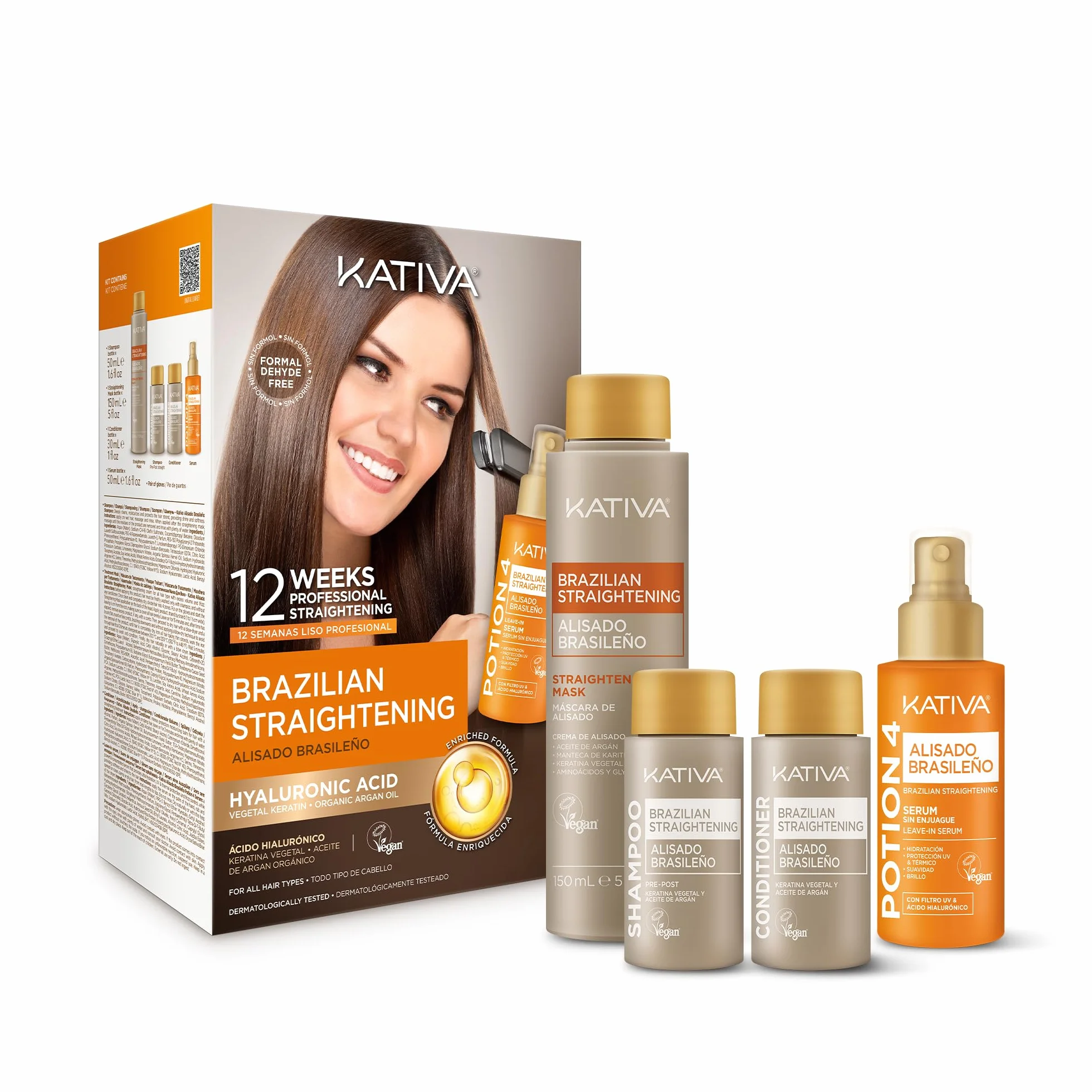 KATIVA Kit Lisciante Brasiliano alla Cheratina con Acido Ialuronico e Siero Termoprotettore Potion 4 – Trattamento Lisciante Senza Formaldeide a Casa – Fino a 12 Settimane Anti-Crespo