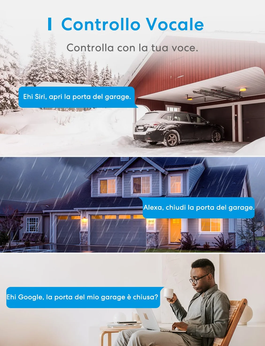 Meross Smart WiFi Garage Controller, Compatibile con Apple HomeKit, CarPlay, Siri, Alexa e Google, Controllo Vocale, Notifiche, Timer, Chiusura Automatica
