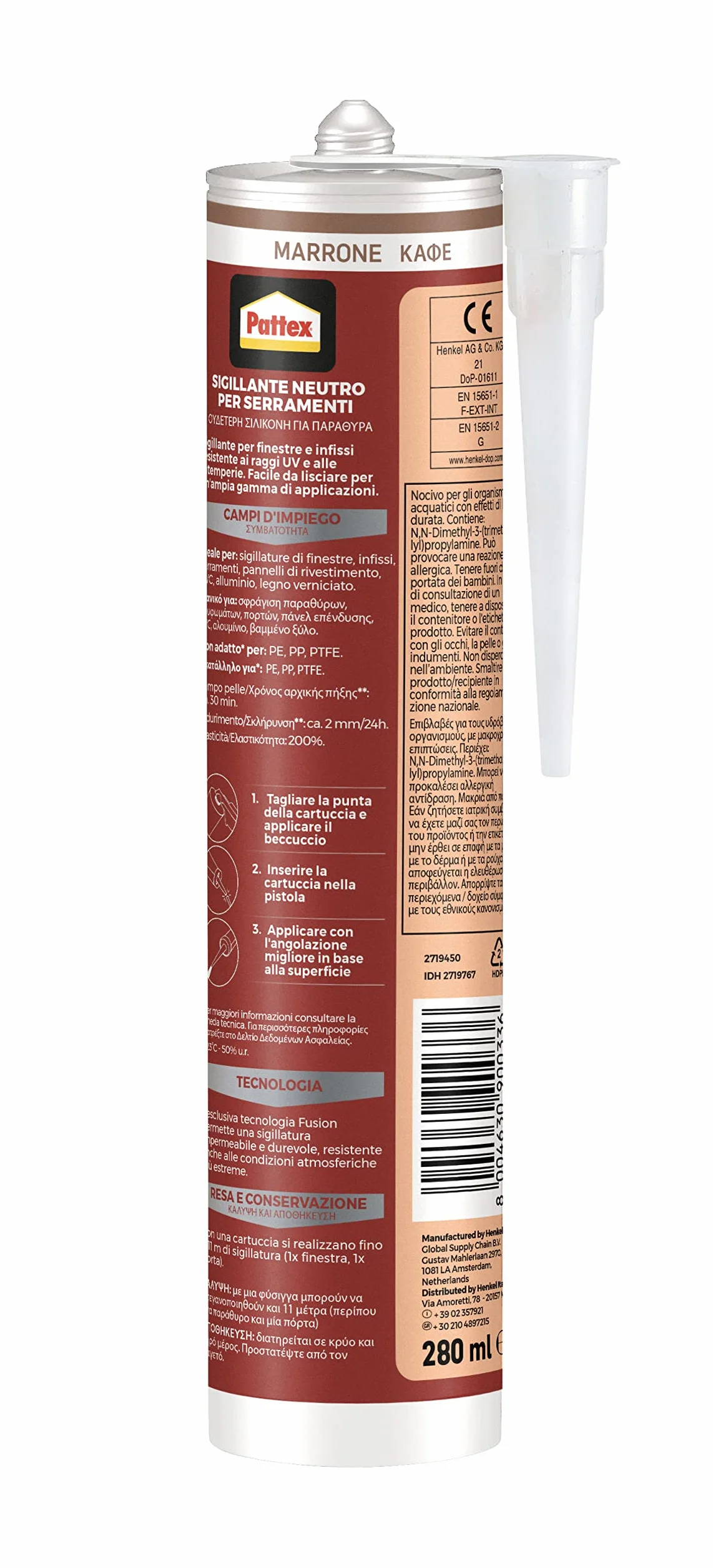 Pattex Silicone Sigillante Finestre Infissi Marrone Neutro Basso Modulo Cartuccia 280 ml