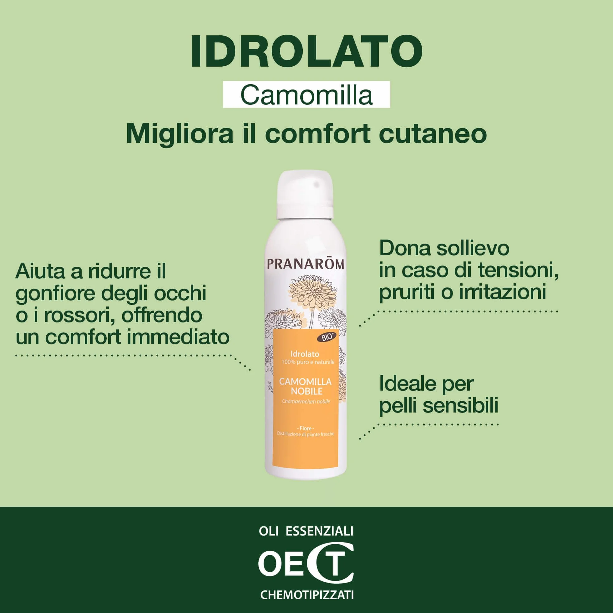 Pranarôm - Idrolato Camomilla Nobile Bio 150 ml, Lenisce Occhi Gonfi e Stanchi, Decongestiona, Ideale per Pelle Sensibile e Capelli Chiari, 100% Puro e Biologico, Senza Alcool e Conservanti