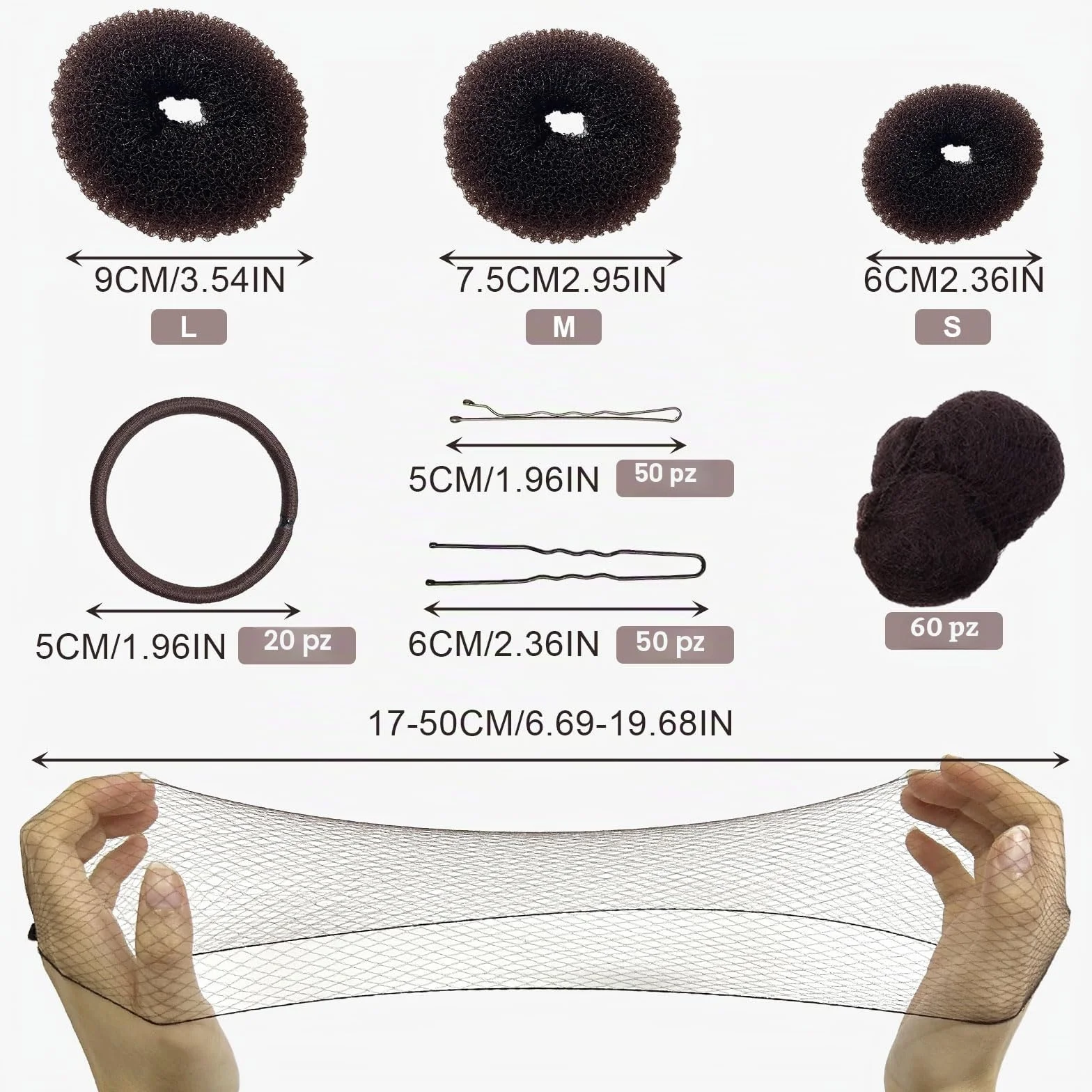 UILYNIU 183 Pezzi Realizzare Chignon Set 3 pezzi Chignon a Ciambella 60 Pezzi Retine per Capelli Invisibili e 100 Forcine Capelli, 20 Elastici per Capelli per Bambine e Donne (Marrone)