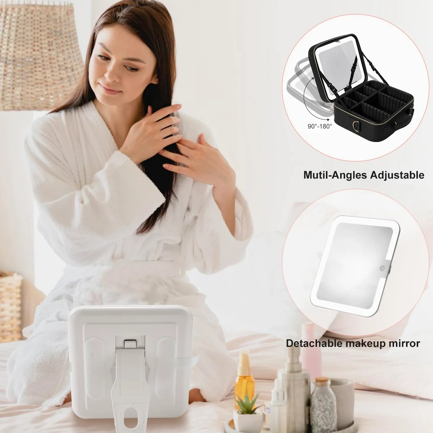 Mocado Beauty case da viaggio con specchio a LED, organizer per trucchi, con 3 impostazioni illuminate e specchio ingranditore 10x, 8 pennelli, divisori regolabili (motivo a losanga nera), Patterm a