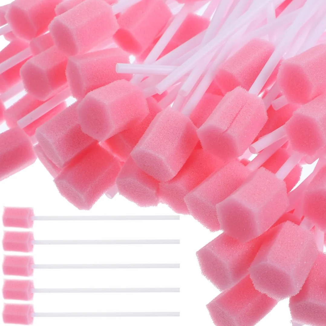 100 tamponi in spugna per l'igiene orale, usa e getta, con bastone, rosa, comodi tamponi dentali per la pulizia dei denti