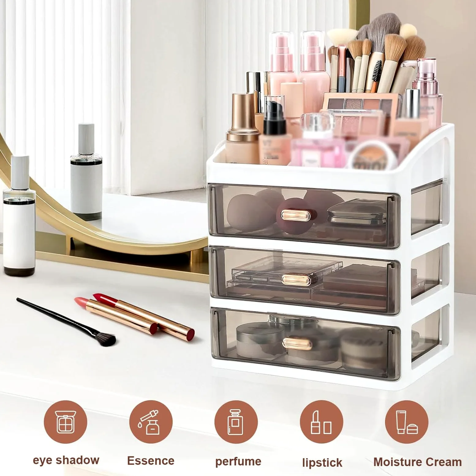 Grande Organizer per Trucchi per Vanità, Organizer per Cosmetici con 7 Scomparti e 3 Cassetti, Contenitore Impermeabile per La Cura della Pelle per Il Bagno della Camera da Letto