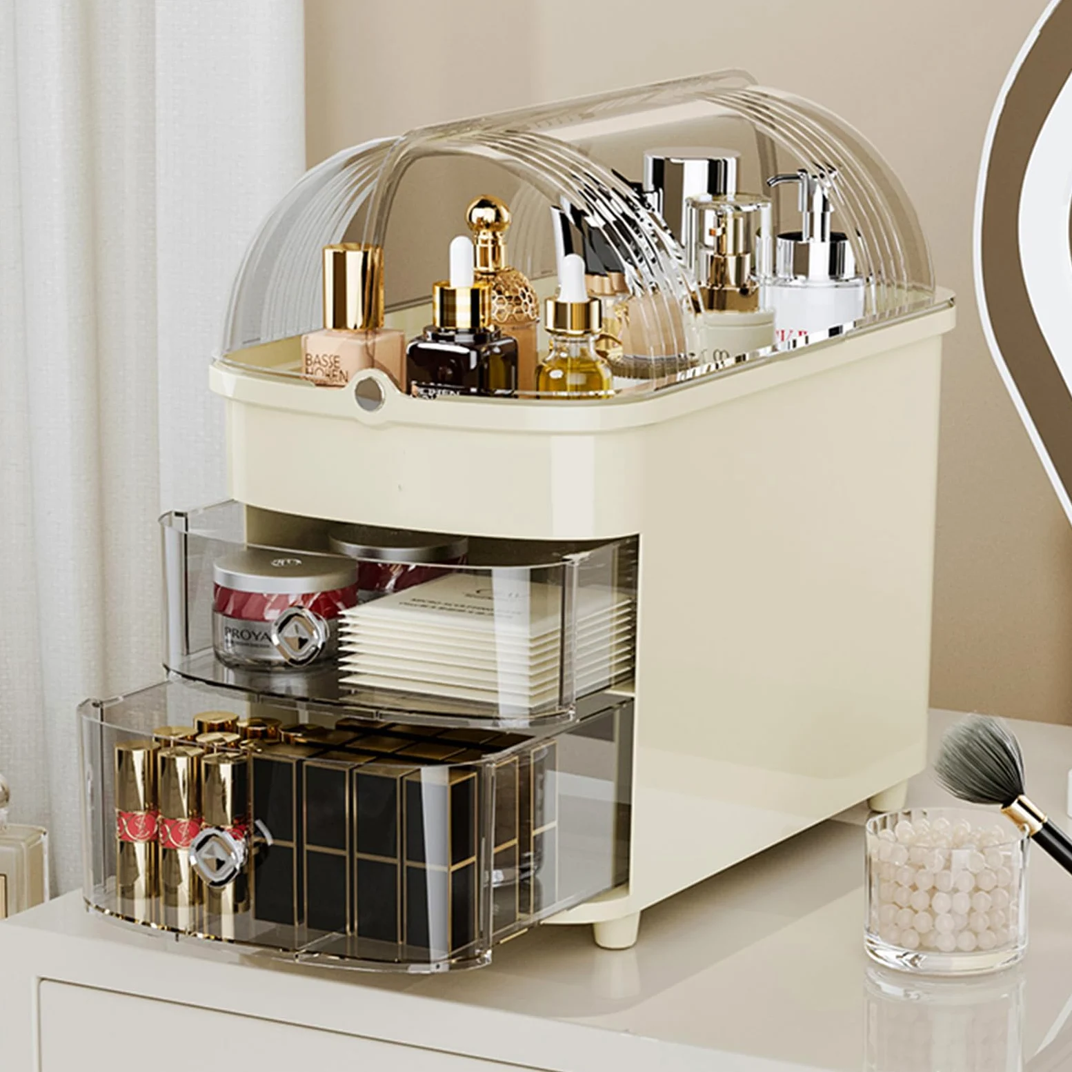 RMAN Organizer Trucchi con Cassetti e Coperchio Antipolvere, Beige | Salvaspazio, Per Bagno e Camera, Per Skincare, Profumi, Creme