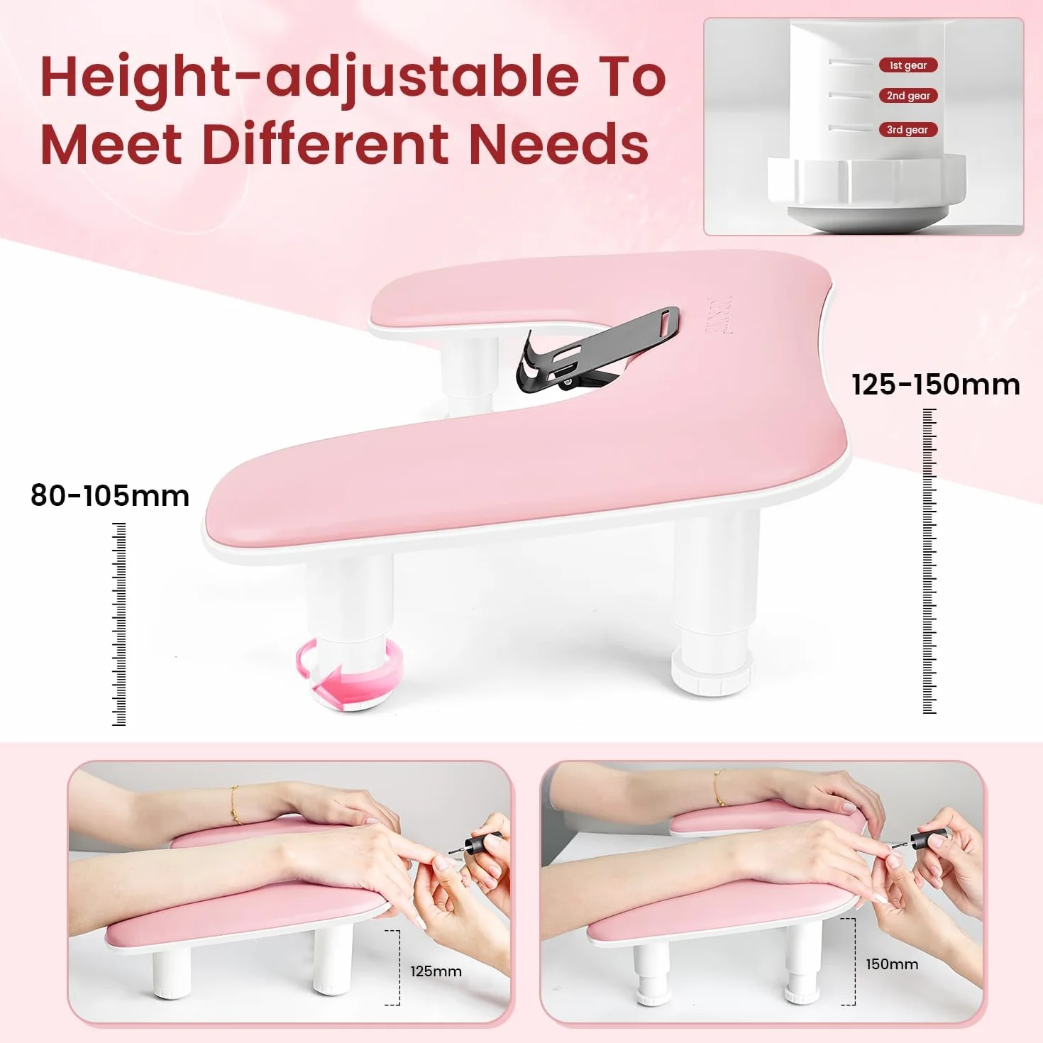 JODSONE Bracciolo rosa a forma di U per chiodo tecnico, con supporto per cellulare girevole a 360° integrato e bracciolo regolabile per manicure in salone