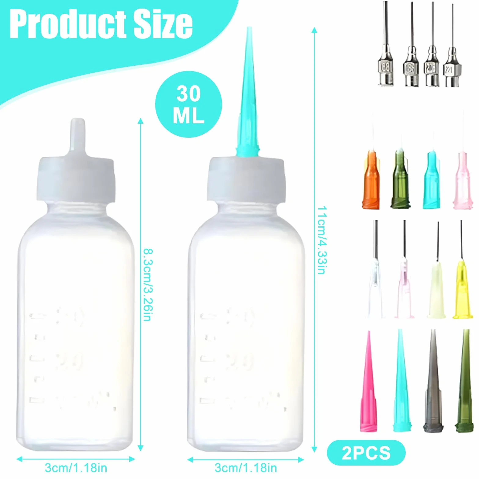 CAILI Bottiglia di plastica del tatuaggio,Tip Precision Applicator Set bottiglie Contiene 2 bottiglie applicatori vuote con 16 aghi Suggerimenti