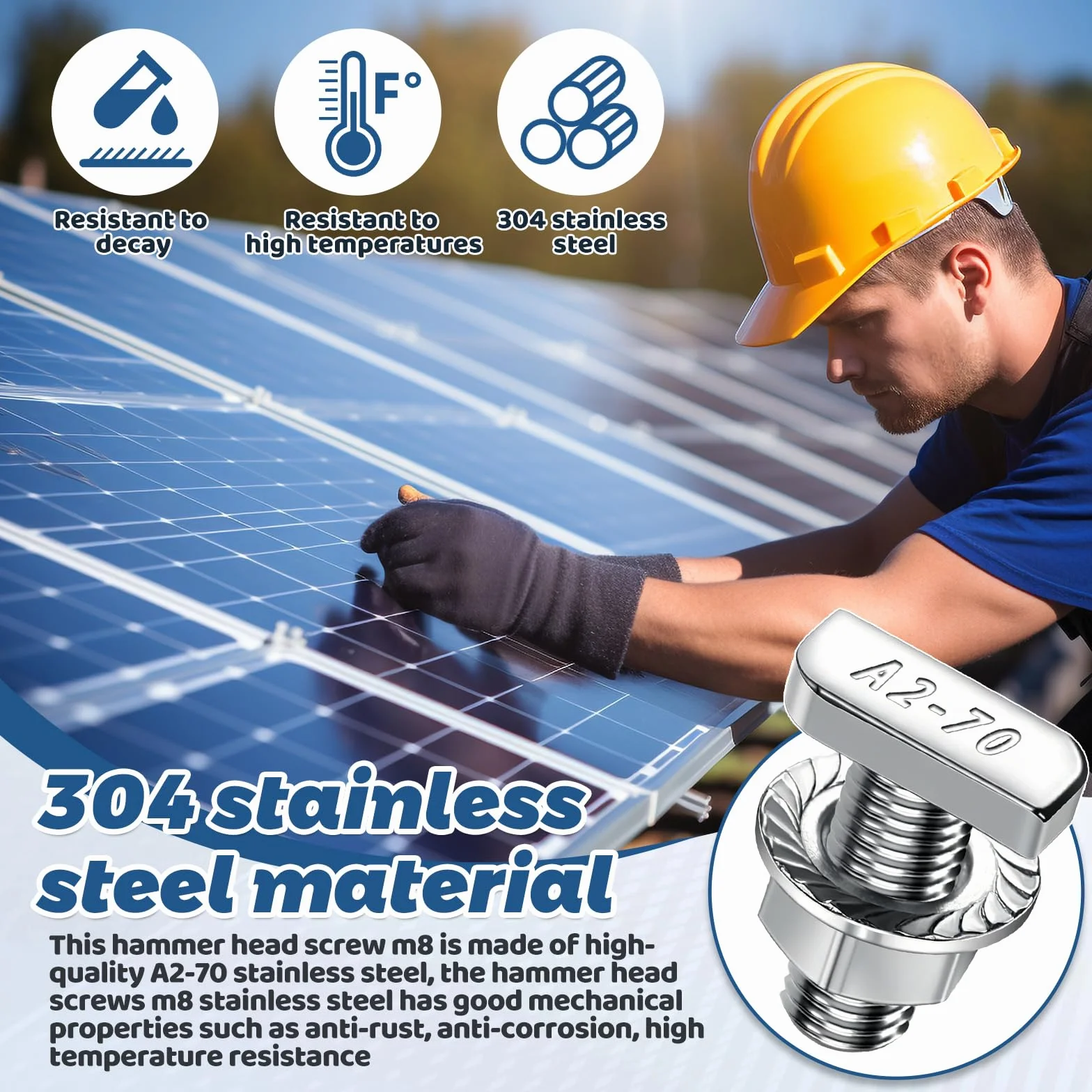 Viti a Testa Martello M8 x 20 mm Acciaio Inossidabile A2-70 con Dado Flangiato per Binari Solari Fotovoltaici
