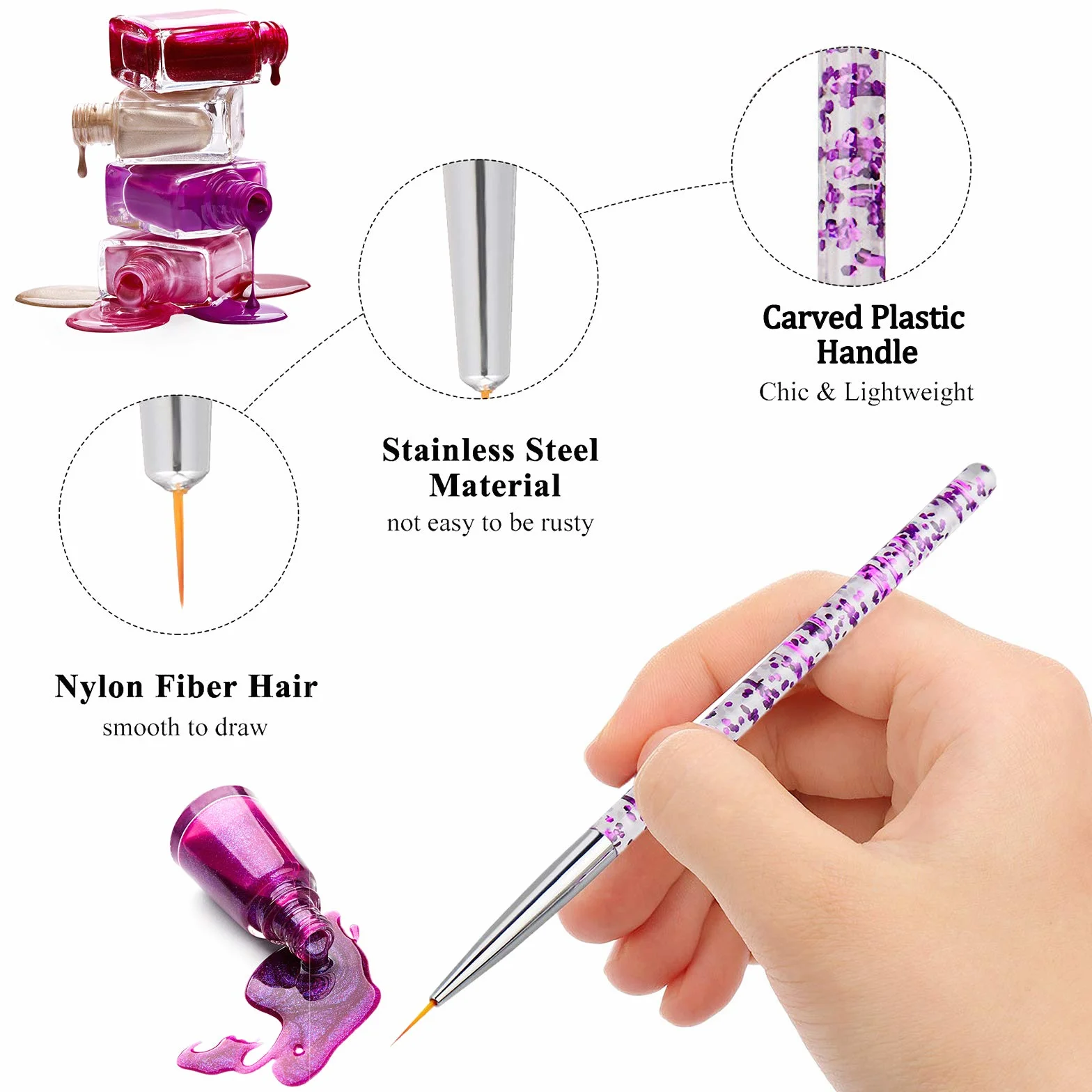 Hanyousheng Pennelli per Unghie,3pc Pennelli per Nail Art Professionali,Per Disegnare Linee Fini Attrezzo per gel UV Disegno Fodera Pennelli Unghie Strumenti Manicure