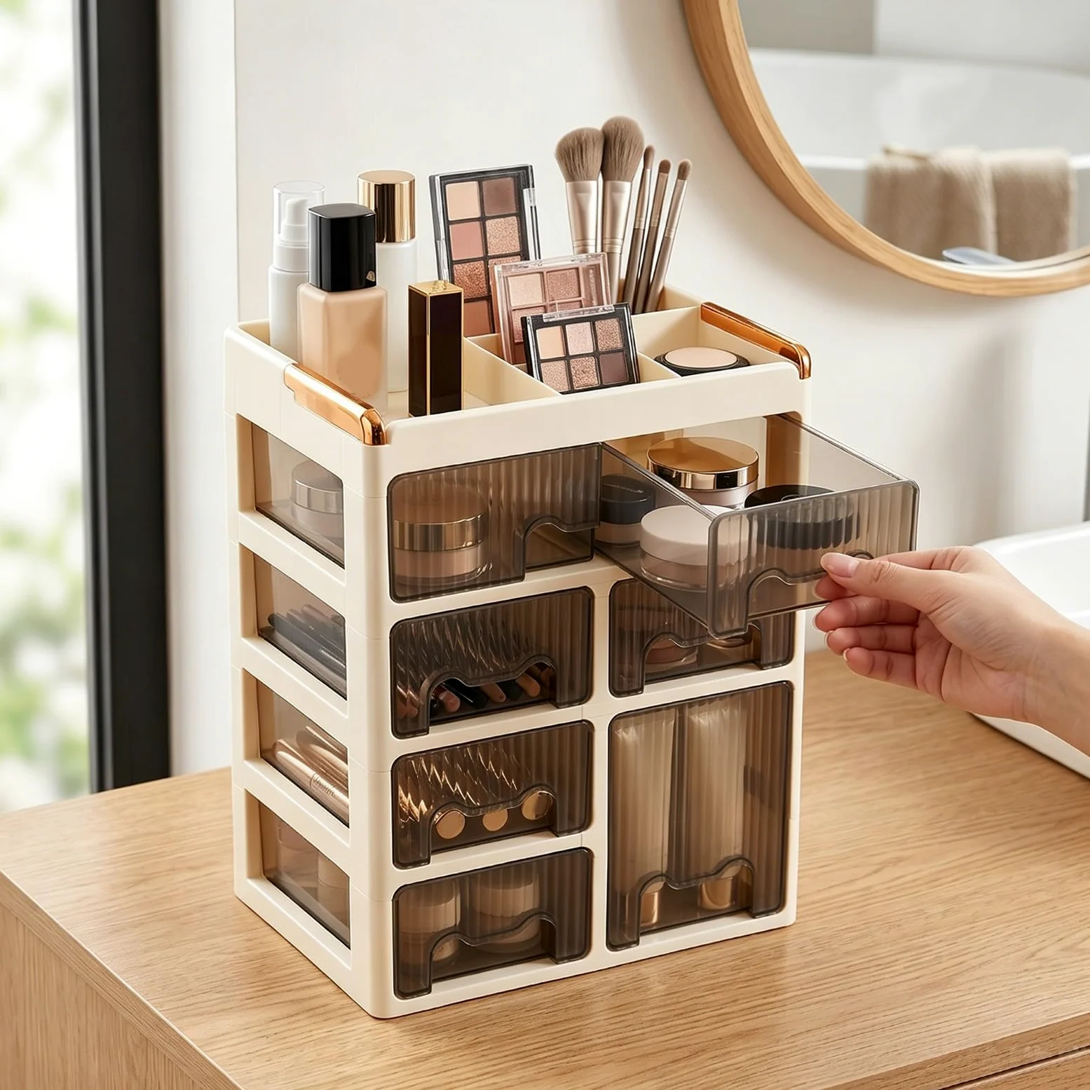 RIZGHWOY Organizer per Trucco Acrilico a 4 Livelli, Piano di Lavoro con Maniglie Dorate