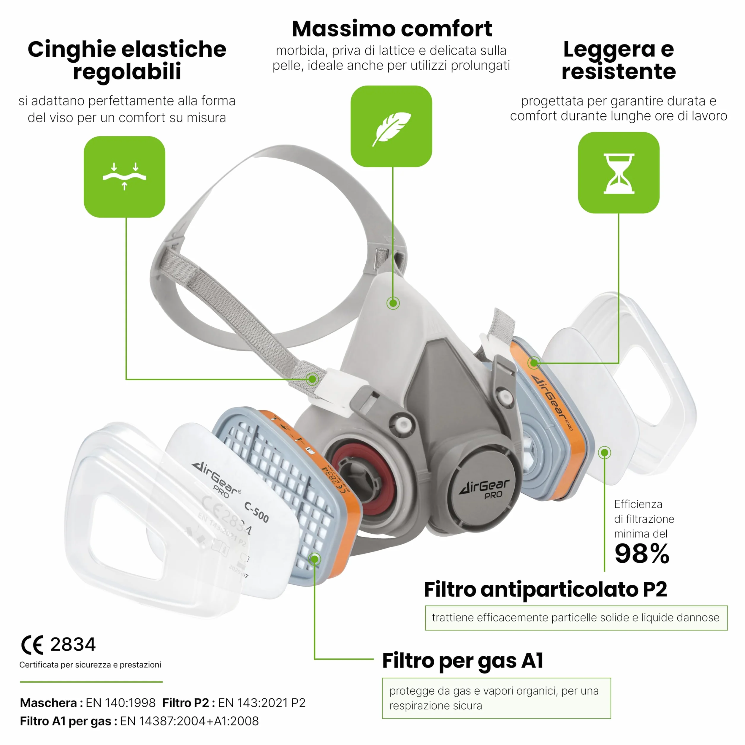 M-500 Maschera Antigas Antipolvere Riutilizzabile con Filtri AirGearPro