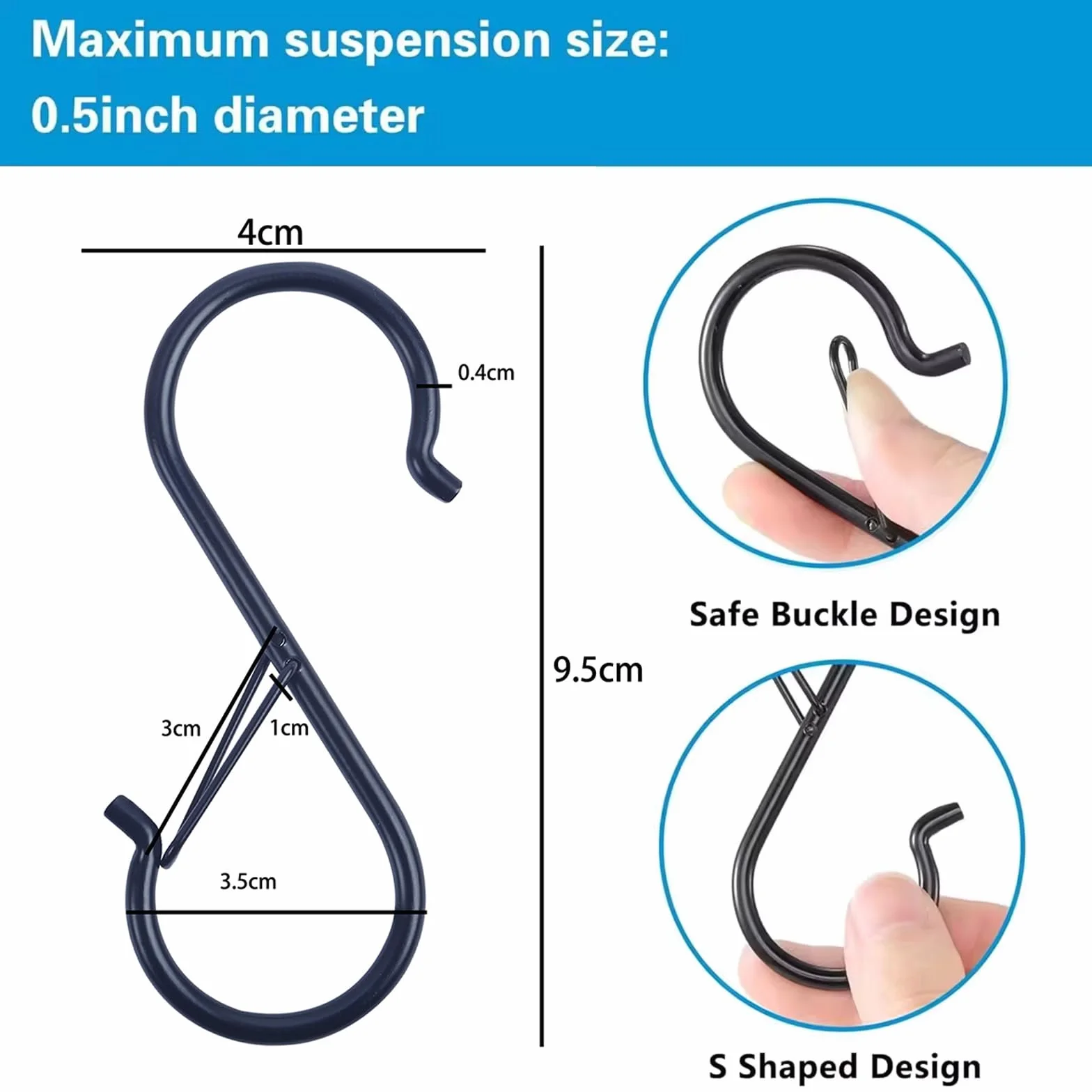 Ganci a S Grandi in Ferro con Fibbia di Sicurezza, Portata 10 kg, per Appendini Diametro Max 3 cm