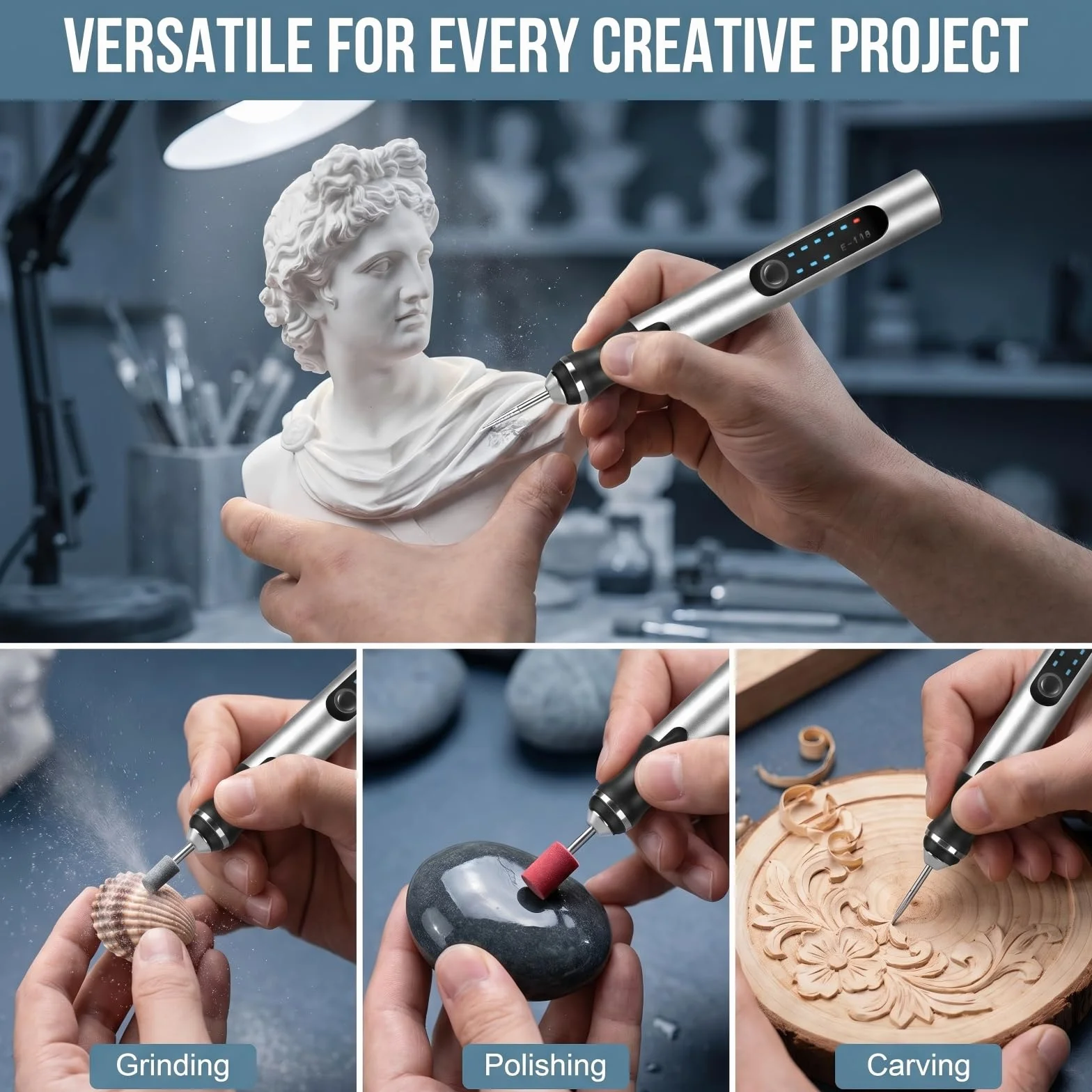 Penna Incisione Elettrica Ricaricabile 3 Velocità 5000-18000 giri/min USB-C 37 Accessori + 16 Stencil Legno Vetro Metallo Pietra