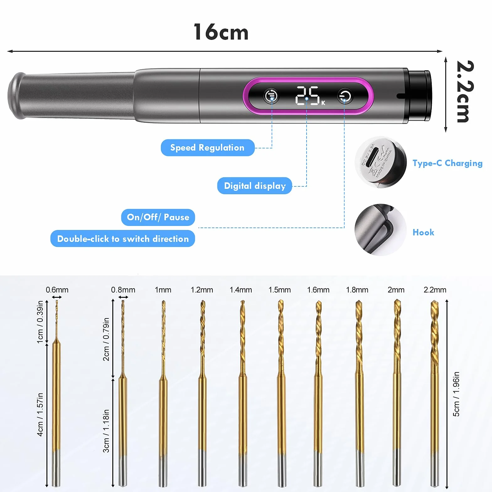 Comius Sharp Mini Trapano Elettrico USB Ricaricabile DIY Drill Pen Set 10 Punte Elicoidali 0.6-2.2 mm per Resina Plastica Legno Circuiti
