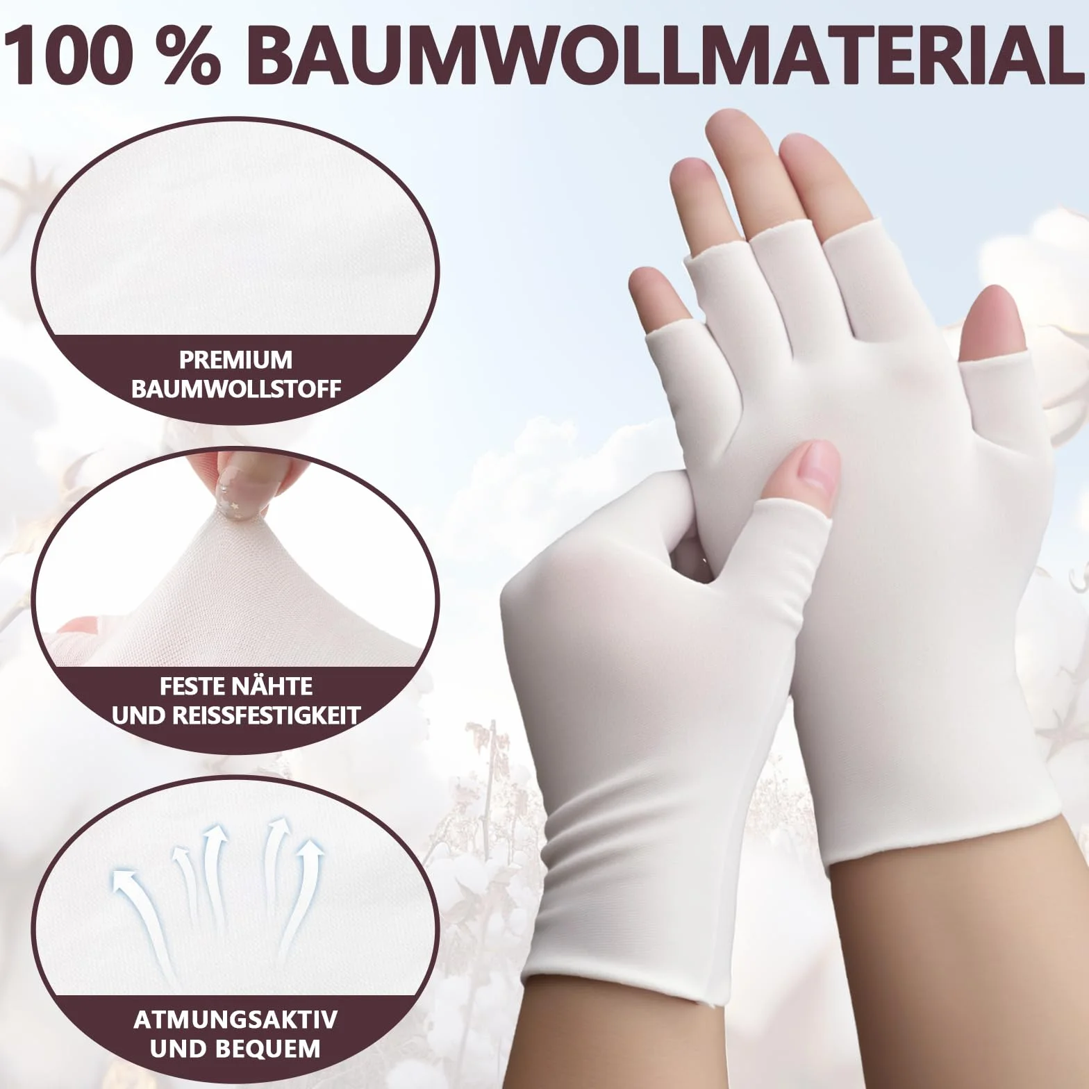 5 paia di guanti idratanti senza dita – 100% cotone, guanti da terapia bianchi, in cotone senza dita con 5 dita – Guanti da notte traspiranti per idratare durante la notte