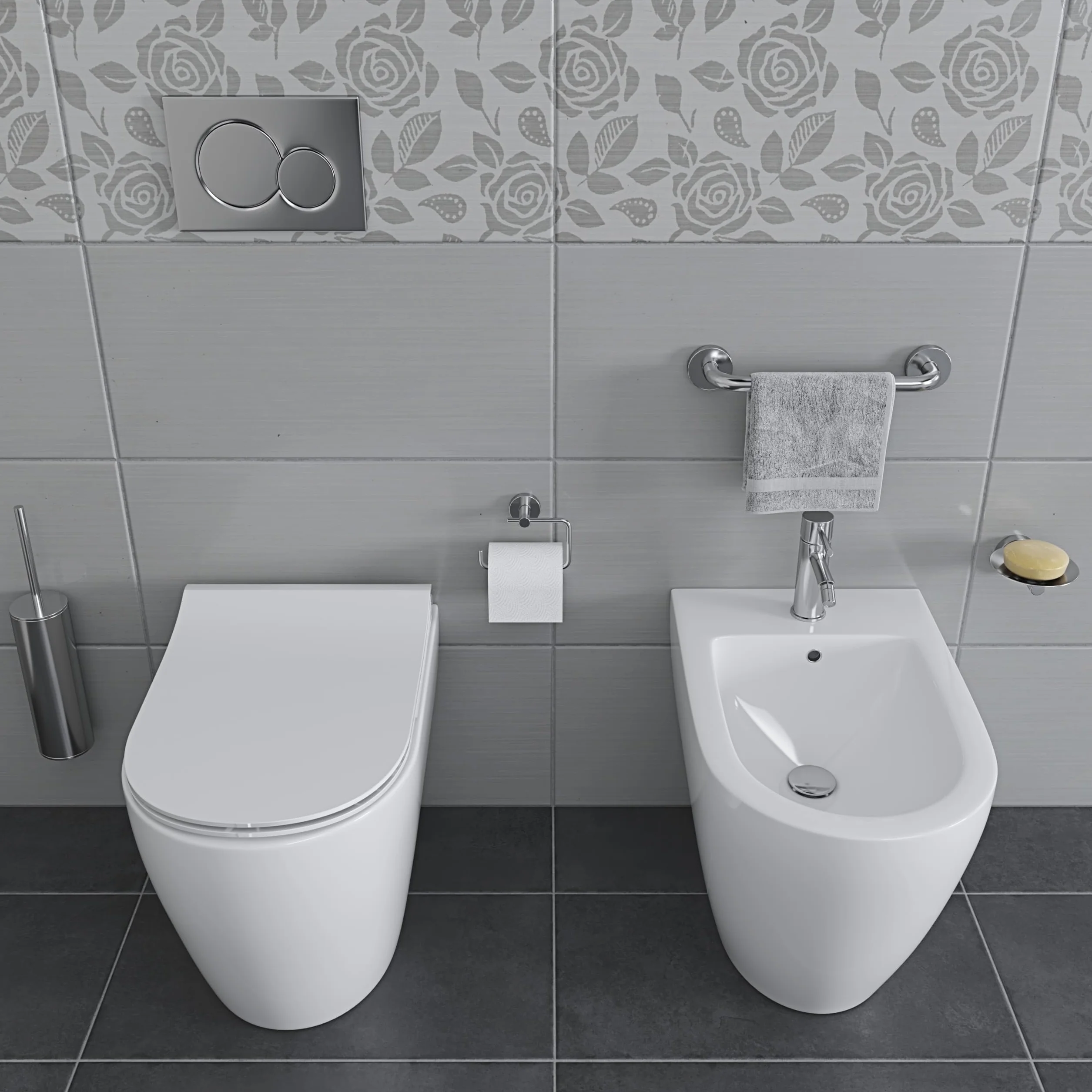 Coppia Sanitari Filomuro Vaso WC Bidet Design Moderno Ceramica Soft Close Bianco Lucido