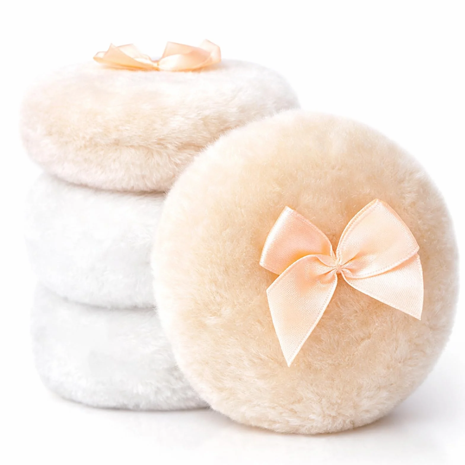 Piumino per Cipria Grande Set 4 Pezzi Piumino per Polvere Corporea Morbido Fluffy Lavabile con Nastro per Trucco Donna Bianco Beige