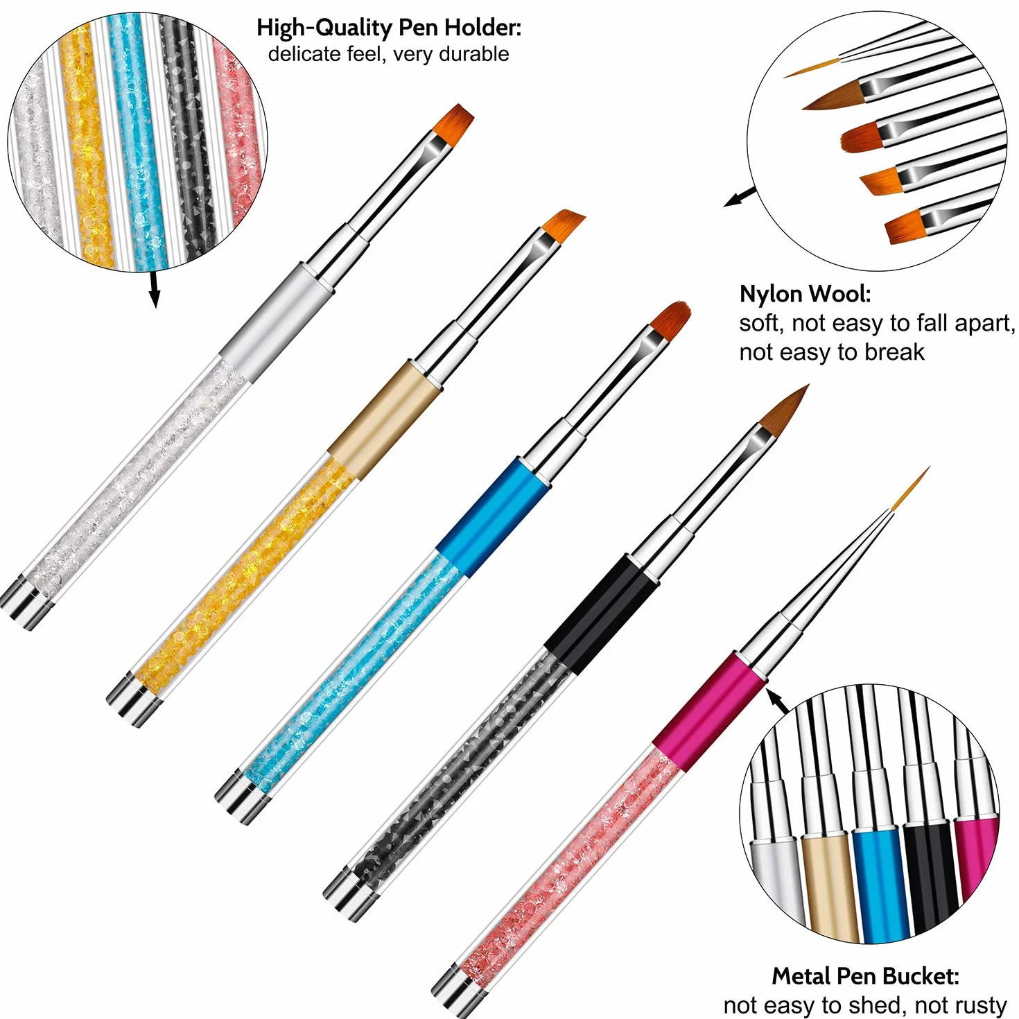 Pennelli Unghie Gel Professionali Nail Art Pennelli con Manico Strass Strumenti per Nail Pittura Disegno del Chiodo fai da 5 Pezzi