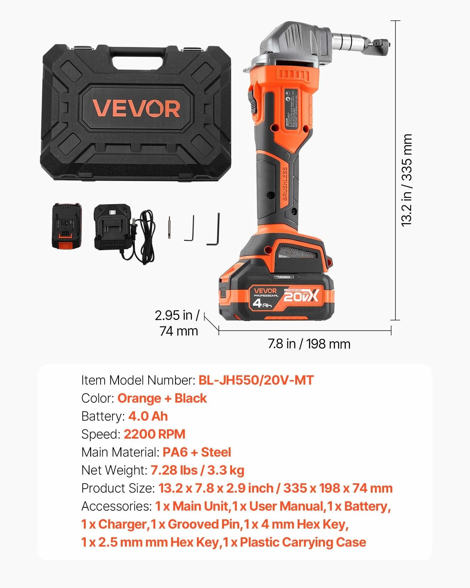 VEVOR Roditrice per Lamiere Senza Fili 20V 4000mAh Motore Brushless 2200 giri/min Taglierina Elettrica per Acciaio Alluminio