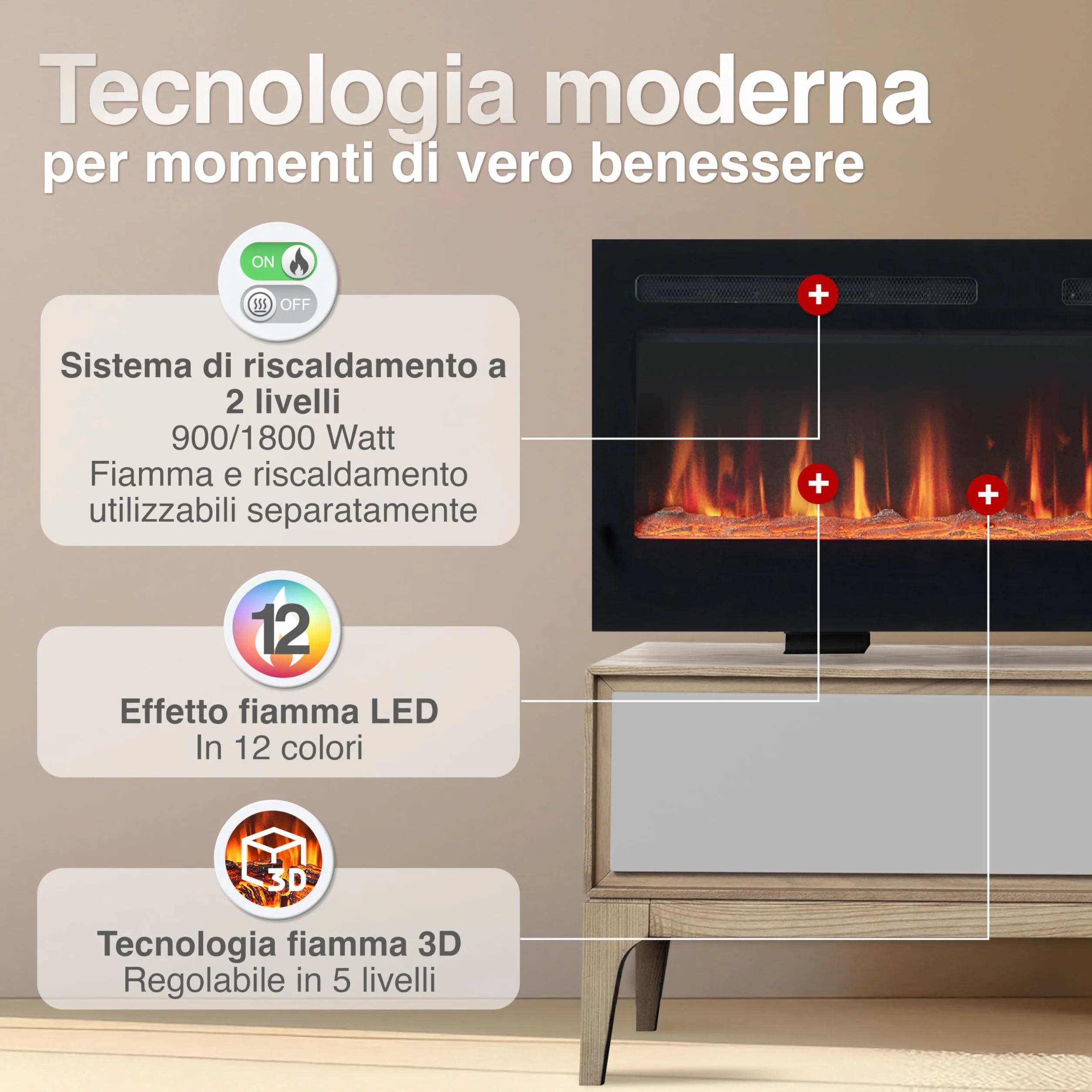 Kaminio Camino elettrico MARLON 3-in-1 con riscaldamento, effetto fiamma 3D, 12 colori, telecomando 60 pollici