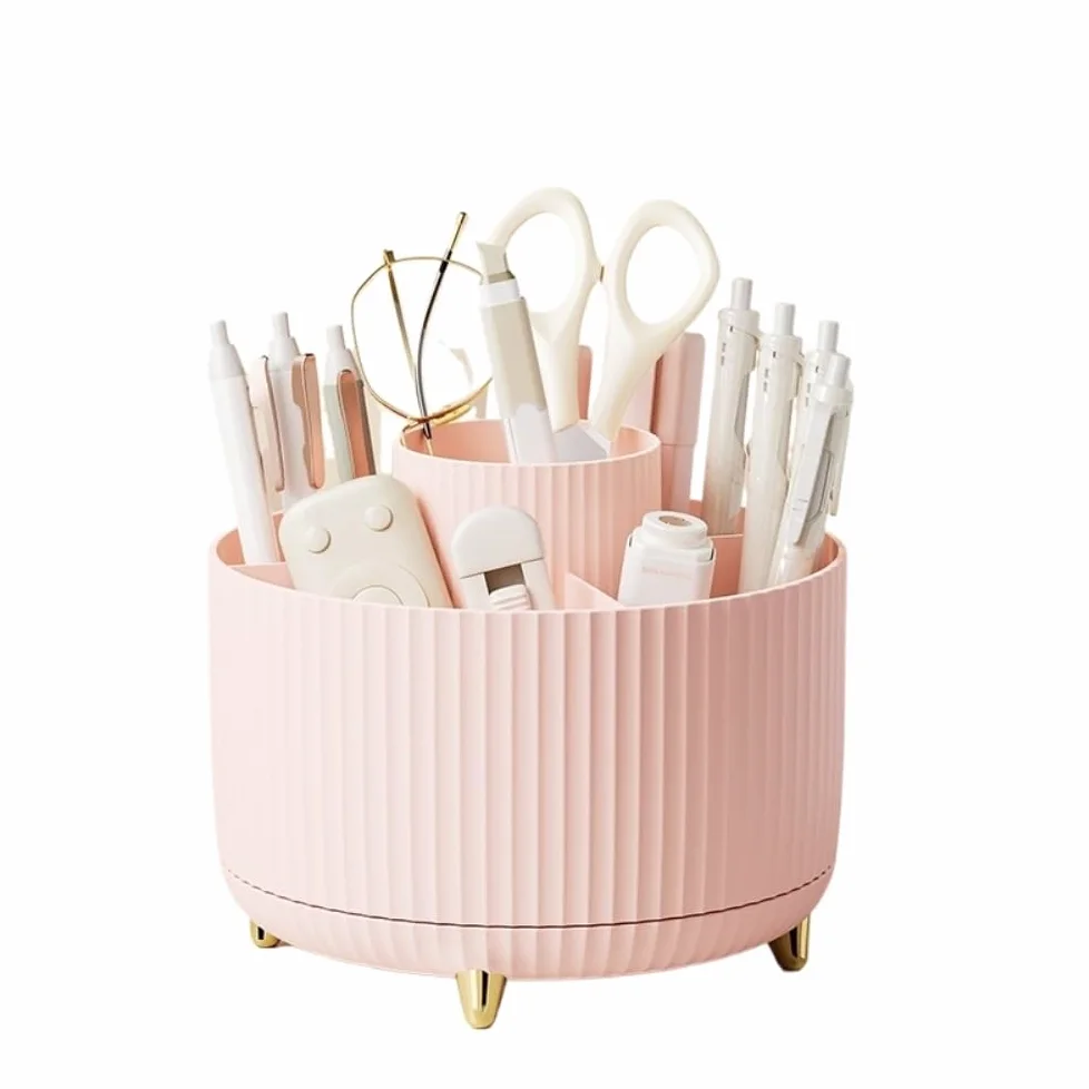 Scatola per il trucco Organizer for il trucco girevole a 360° - Vassoio portaoggetti da scrivania for cosmetici, pennelli e articoli for ufficio(Pink)