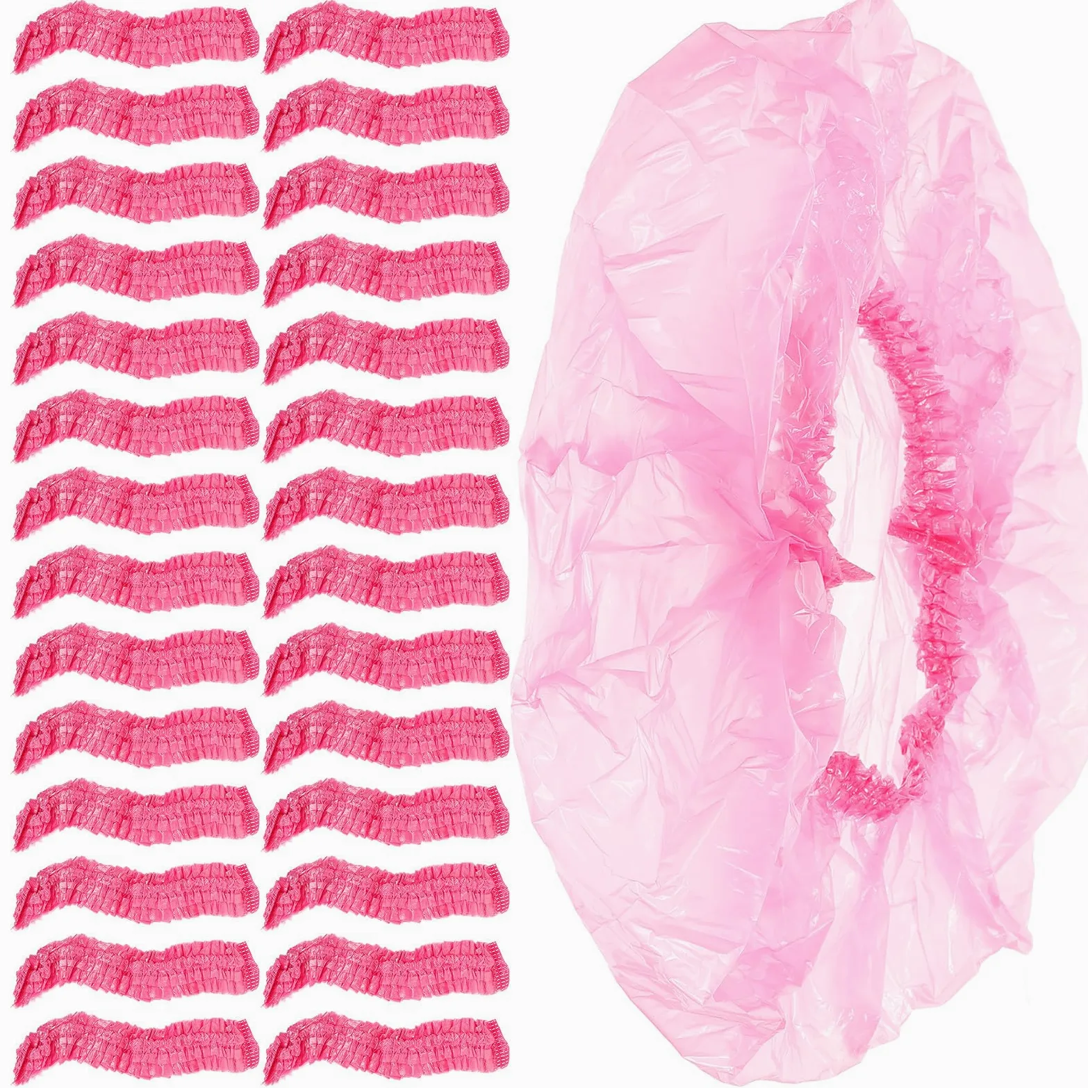 ARTIBETTER Cuffie da Doccia Grandi per Donna 500 Pezzi Monouso Impermeabili in Plastica Elastiche Rosa per Chioma Lunghi e Ricci Uso Casa Salone Hotel
