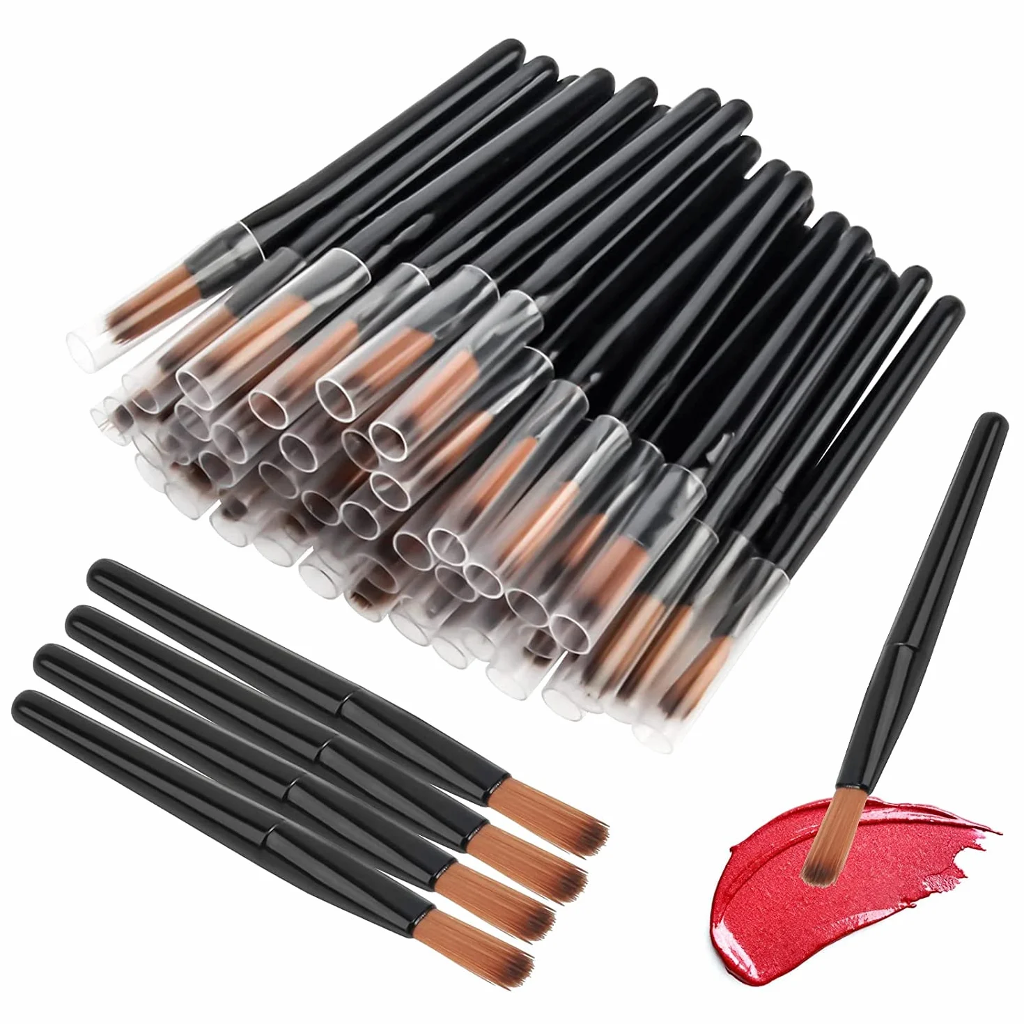 50 Pezzi Monouso Labbro Pennelli Rossetto Lucentezza Bacchette Bastoncino Applicatore Trucco Attrezzi Kit, Nero