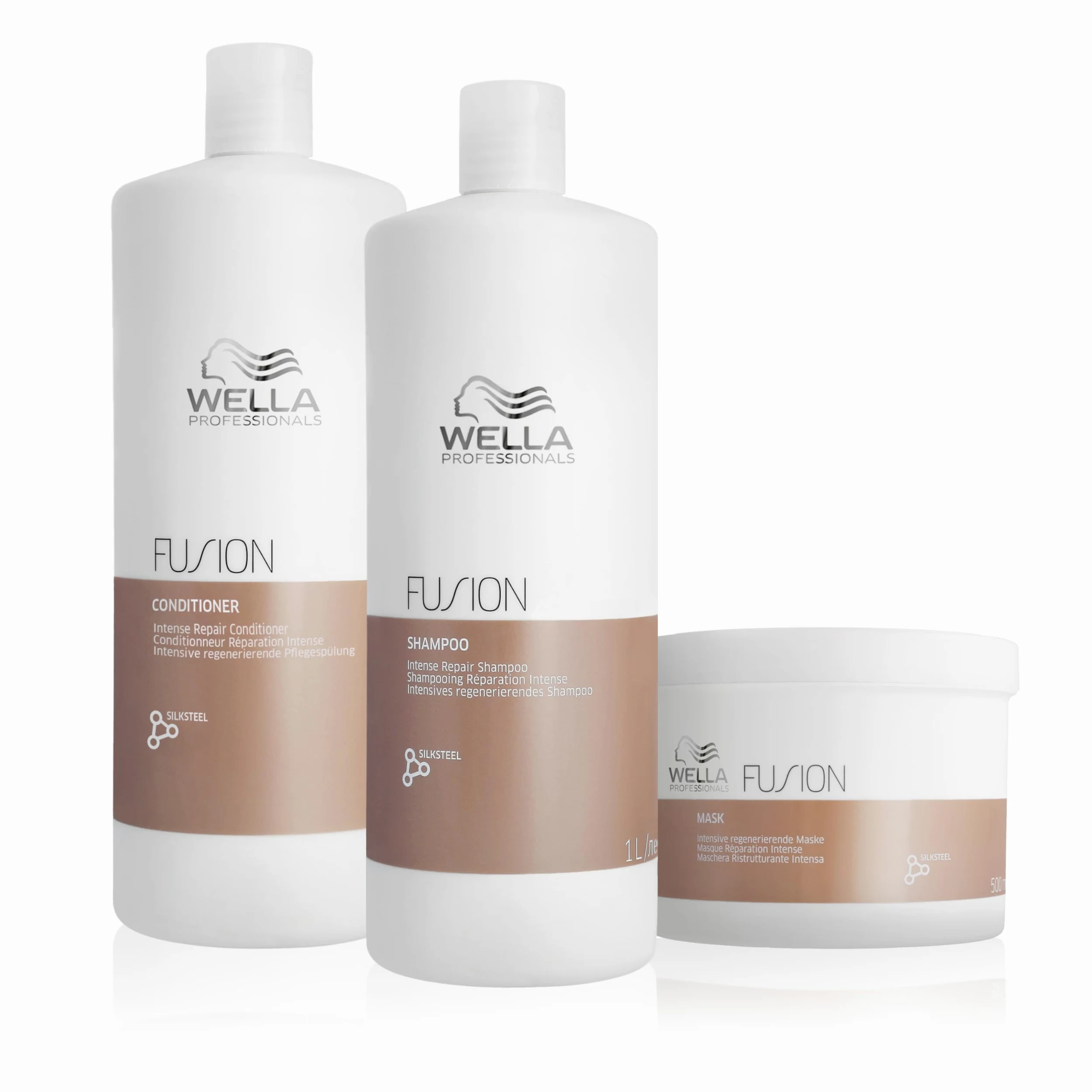 Wella Professionals Fusion Shampoo professionale capelli danneggiati 1L, Conditioner ristrutturante capelli 1L e Maschera idratante 500 ml
