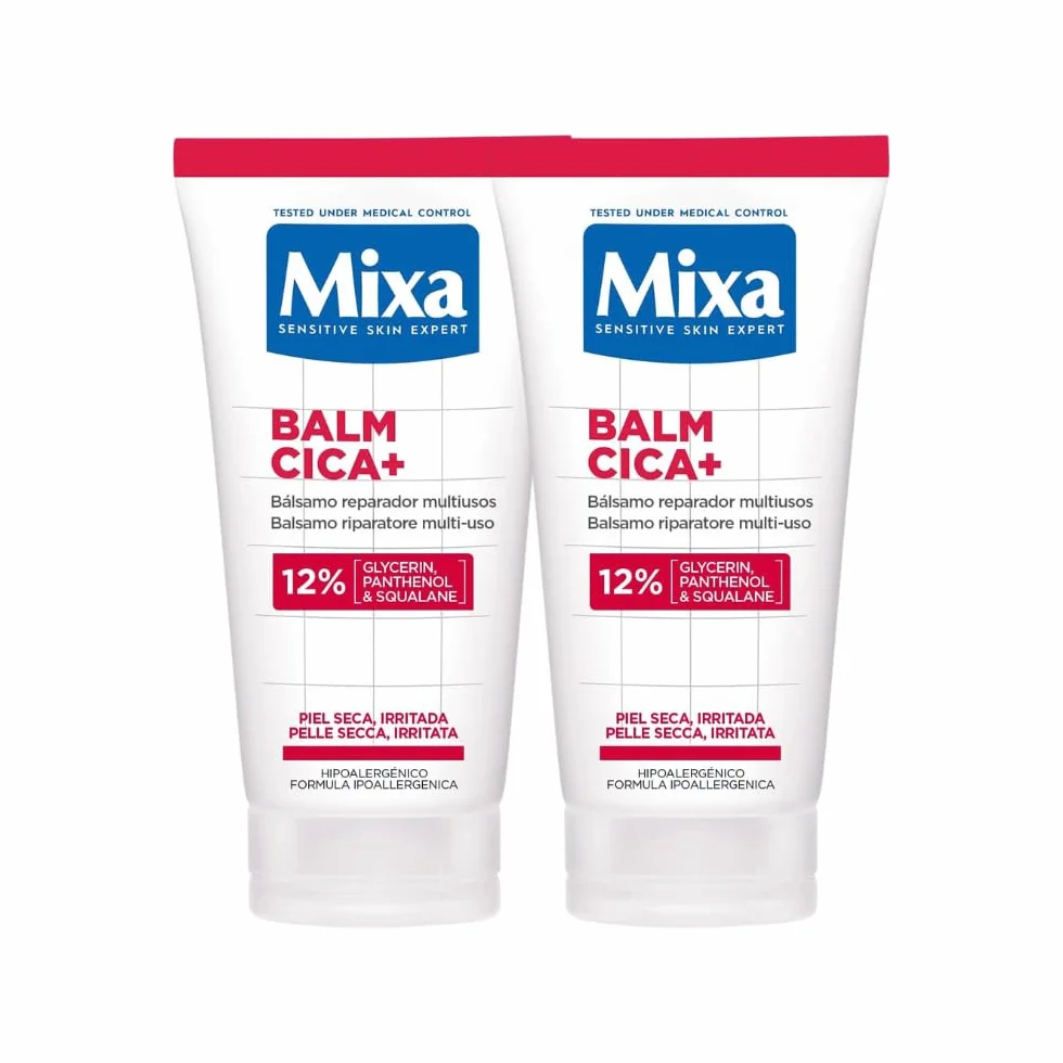 Mixa Bipacco Balsamo Riparatore Multi-Uso, Pelle Secca e Arrossata, Barriera Cutanea Ripristinata, Pelle Lenita e Sollievo Immediato, Con il 12% di Glicerina, Squalano e Pantenolo, Balm Cica+, 2 pezzi
