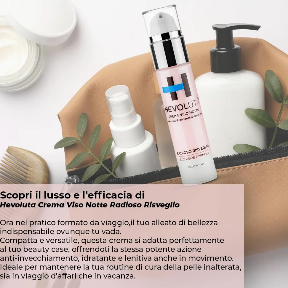 Hevoluta Crema Viso Notte, Antirughe, per Pelli Mature, 50 ml | Idratante Antiage Antimacchia e Lenitiva, con Bakuchiol Melatonina Ergotioneina Niacinamide GABA, Made in Italy