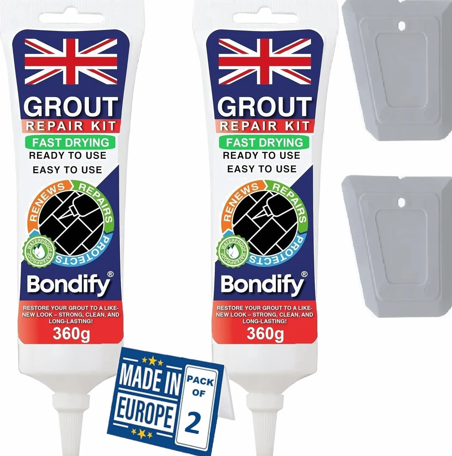 Kit Riparazione Fughe Piastrelle Grigio, Asciugatura Rapida 360g x 2 ANTI-MUFFA, Stucco per Piastrelle Bagno & Doccia