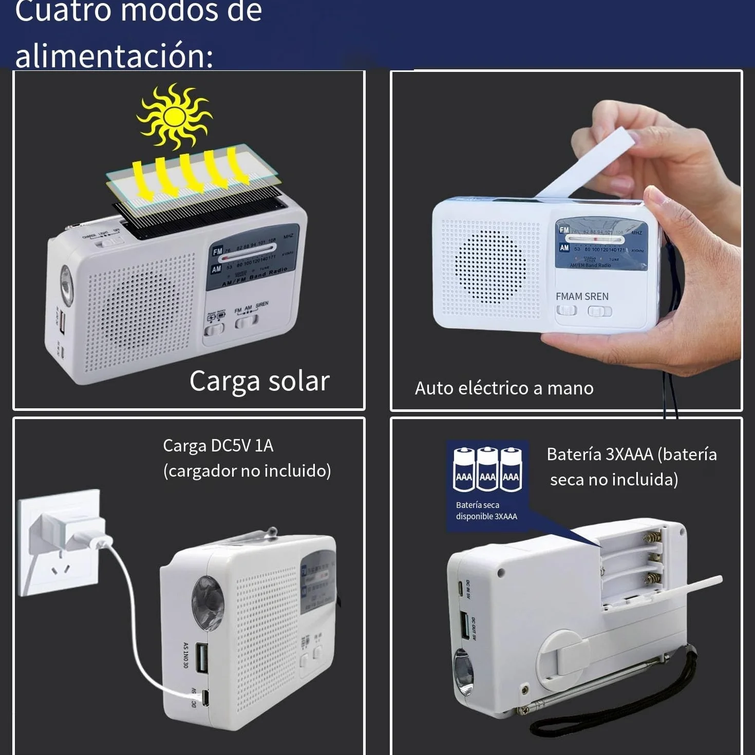 Radio a energia solare a manovella con torcia LED e ricarica cellulare, bianco
