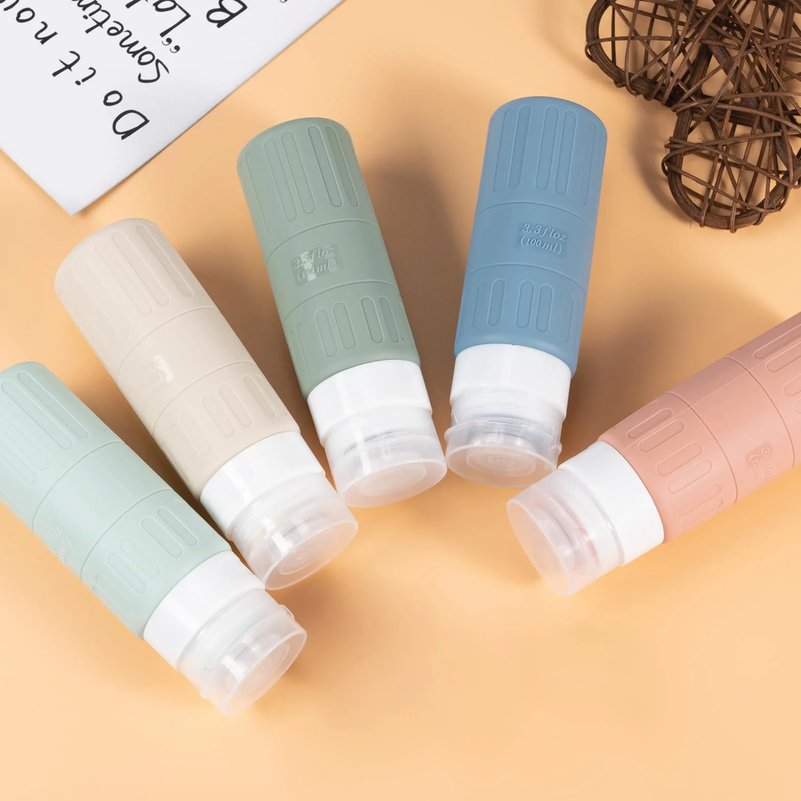 Carehabi Bottiglie da 100 ml da riempire, 5 bottiglie da viaggio in silicone per shampoo, gel doccia, cosmetici, bottiglie da viaggio