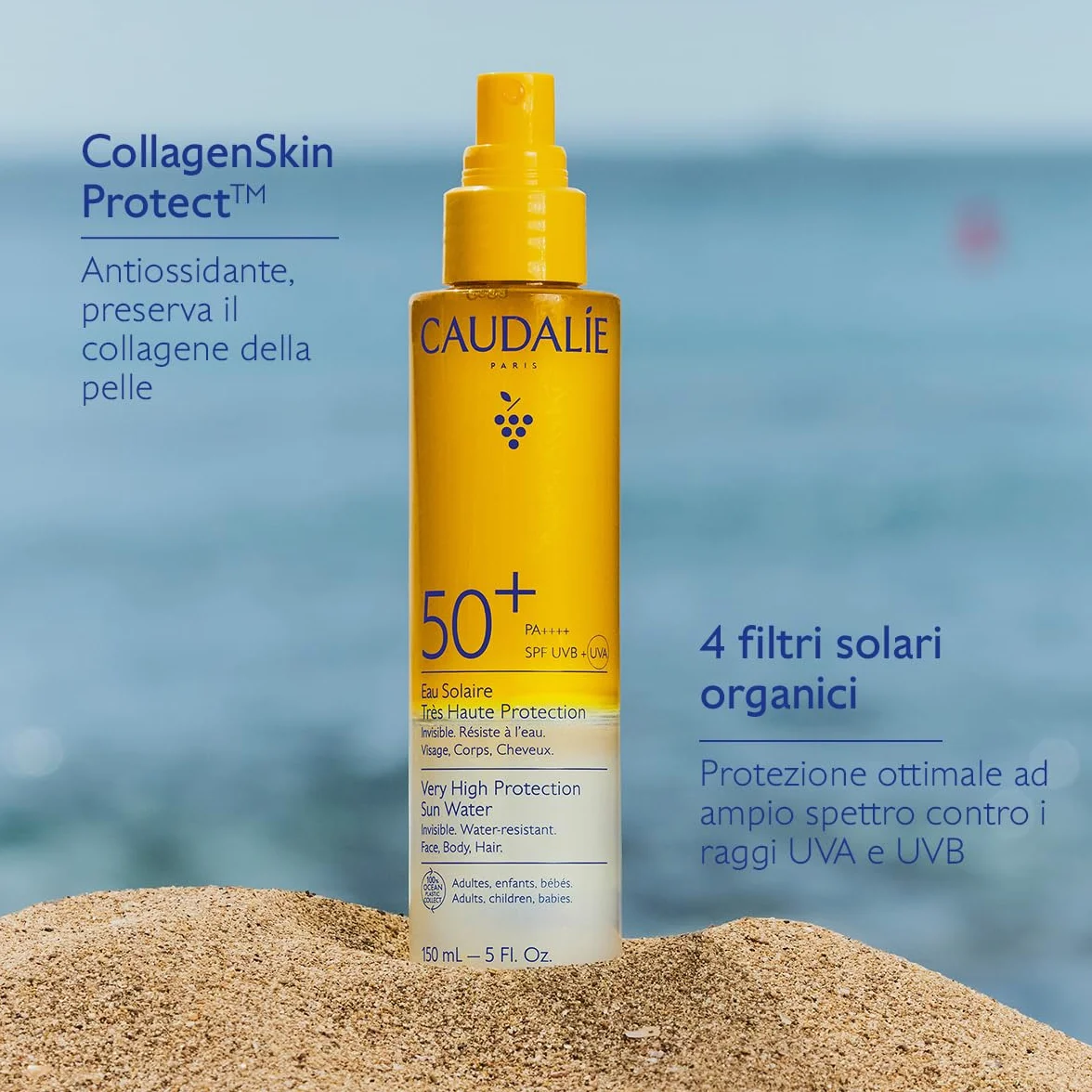Caudalie Acqua Solare ad Altissima Protezione SPF50+ – CollagenSkinProtect™, Filtri Solari Organici, Viso Corpo e Capelli, Resistente all'Acqua, Vegano, PA++++, 150 mL