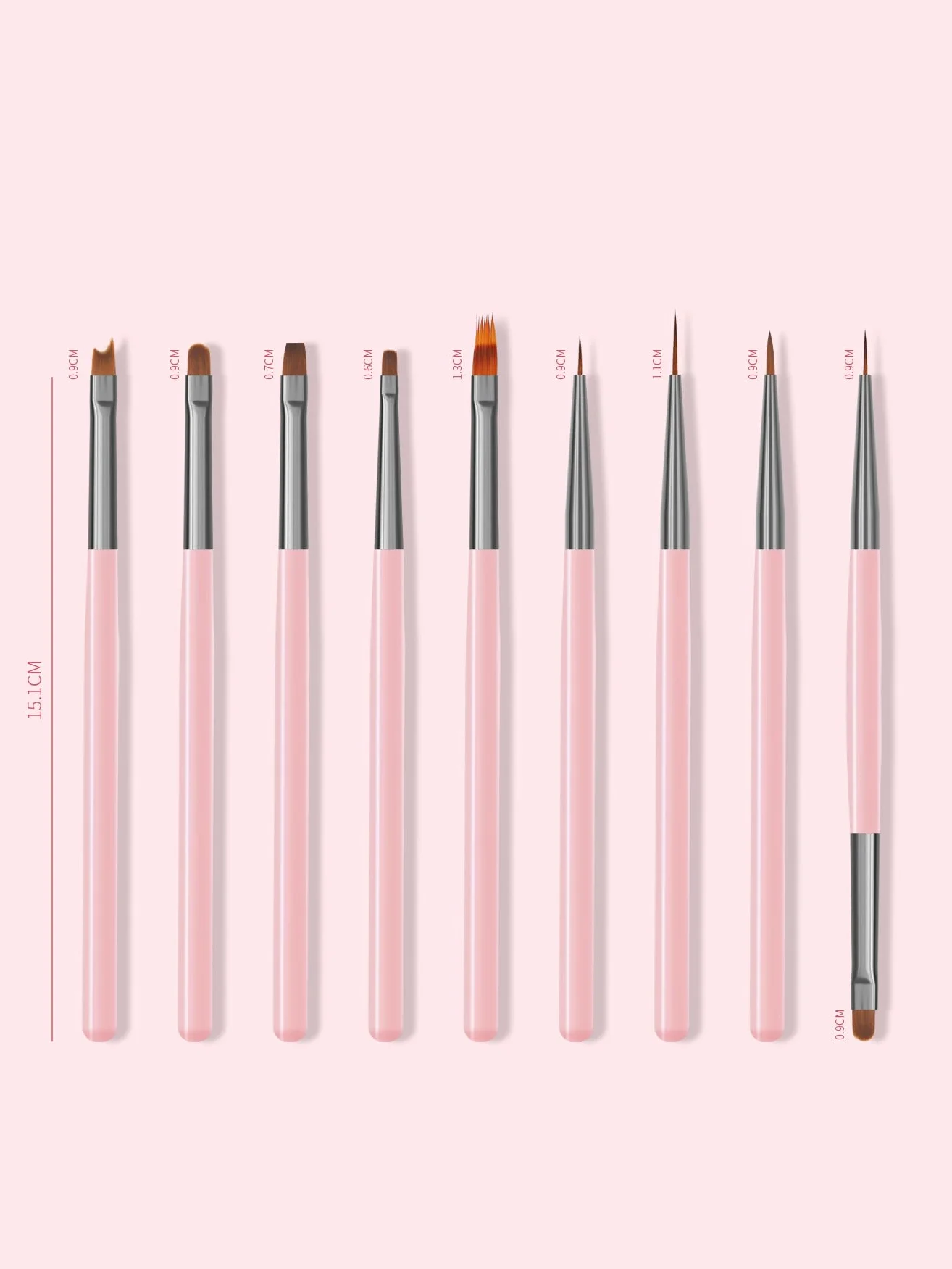 Set di pennelli per nail art, 9 pennelli per nail art, pennelli professionali per nail art, pennelli per unghie sottili, rosa
