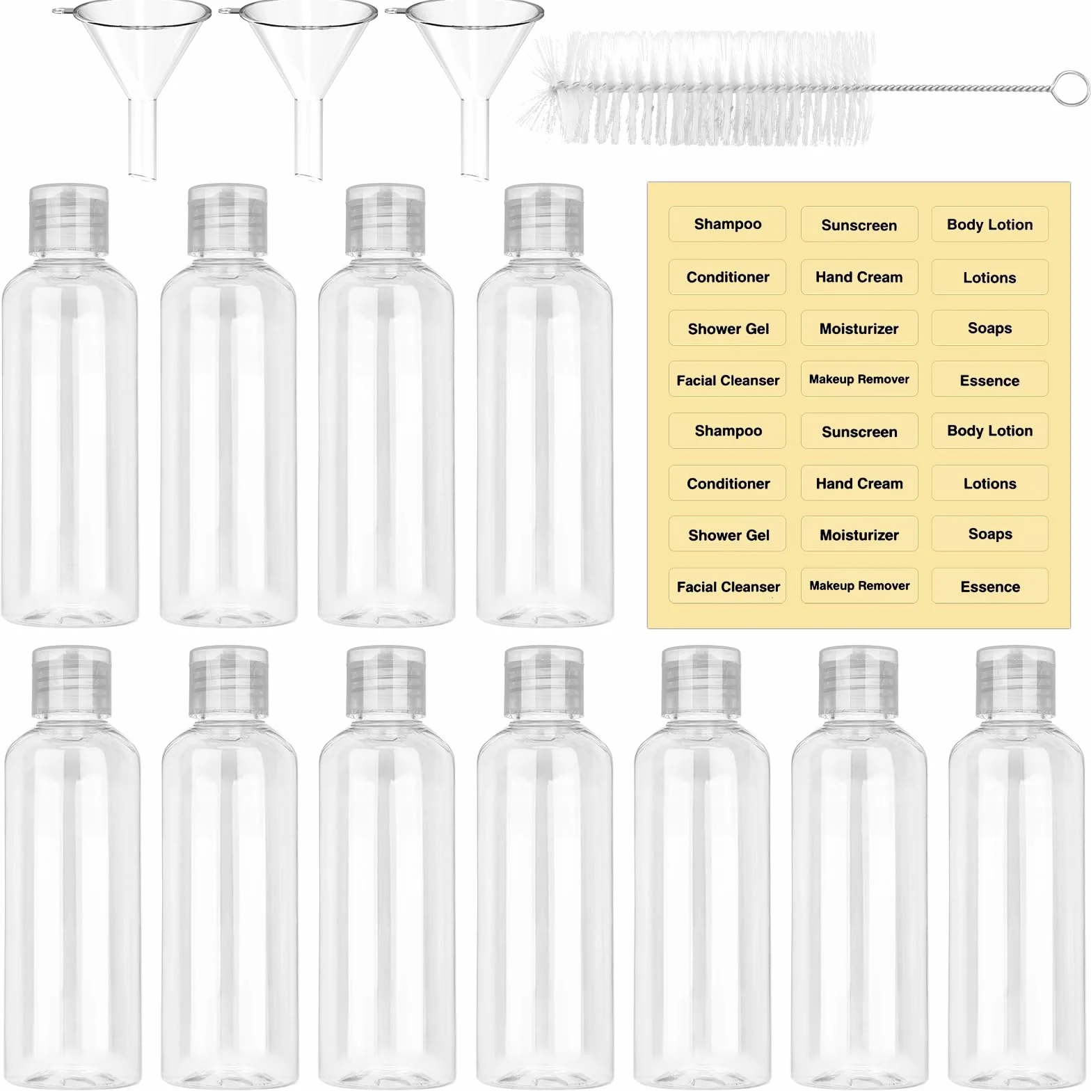 Coicok 11 Pezzi Flaconi da Viaggio 100 ml, Viaggio Accessori Utili con 3 Piccoli Imbuti, Trasparente Bottiglie da Viaggio con Etichette e Spazzola Pulita, Contenitori da Viaggioper per Liquide Shampoo