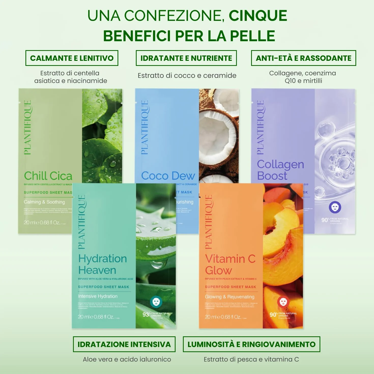 PLANTIFIQUE Superfood Maschera Viso in Tessuto Varietà Box 10 Pezzi - Idratante e Illuminante & Burro Struccante Coreano Viso e Occhi - Makeup Remover Waterproof - 40 g