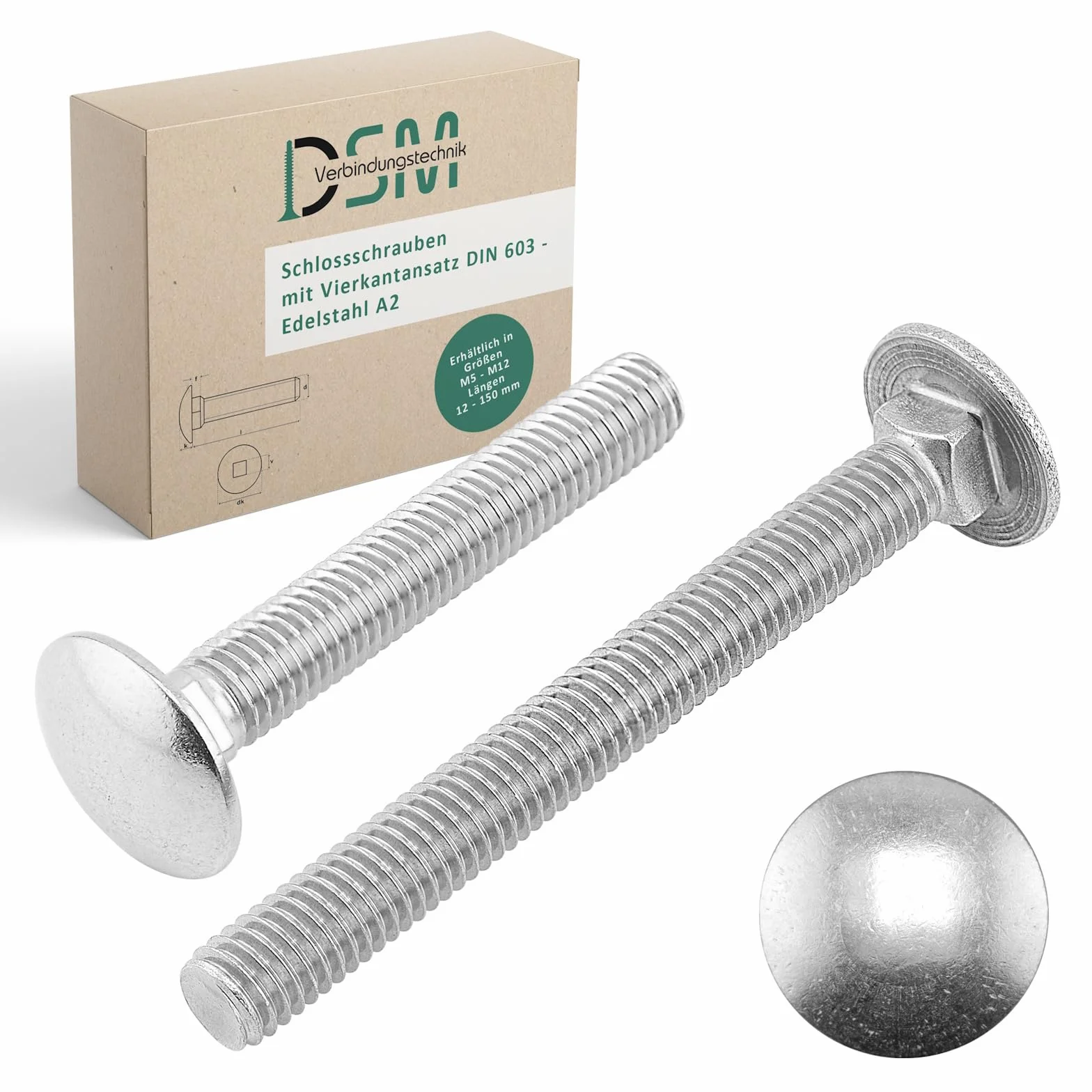 Viti a testa piatta M8 x 110 mm DIN 603 acciaio inox A2 V2A filettatura completa attacco quadrato 5 pezzi