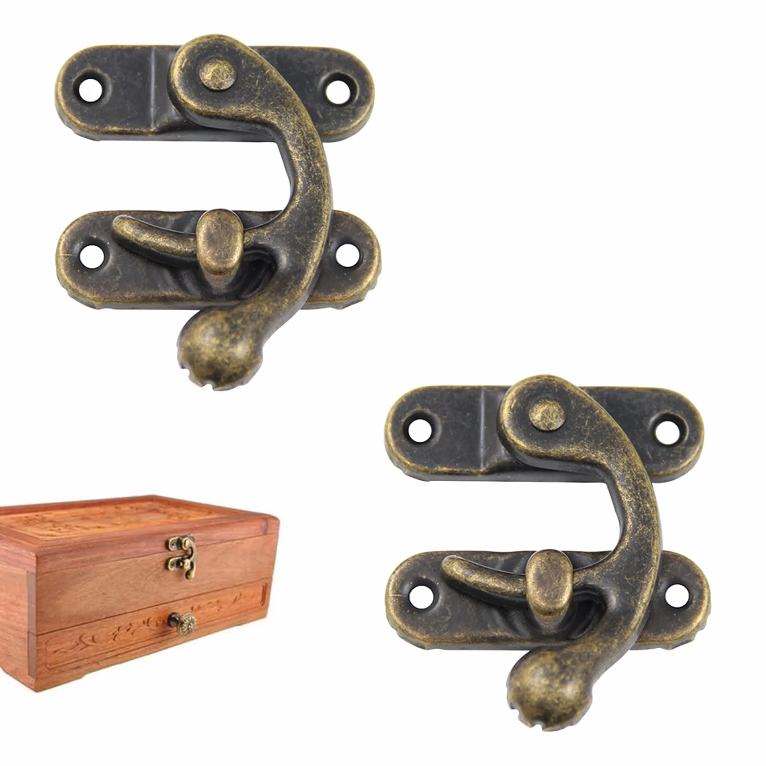 Antico Hasp Bronzo 2 Pezzi Gancio a Scatto Destro 43 x 37 mm per Cassette Legno