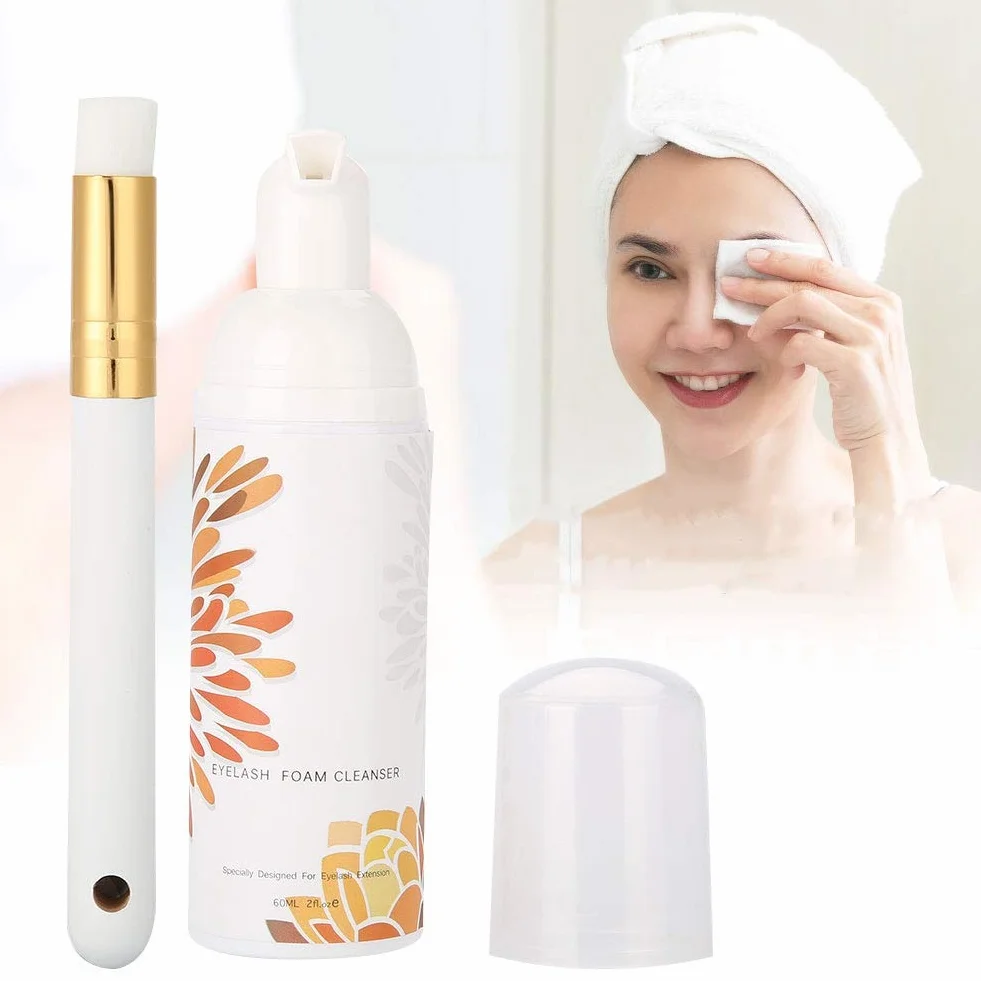 Struccante Occhi, Detergente Schiumogeno Per L'Estensione Delle Ciglia 60ml, Lavata Estensione Della Spazzola del Ciglio Sicura per Uso Quotidiano(Schiuma Detergente per Ciglia + Pennello Dorato)