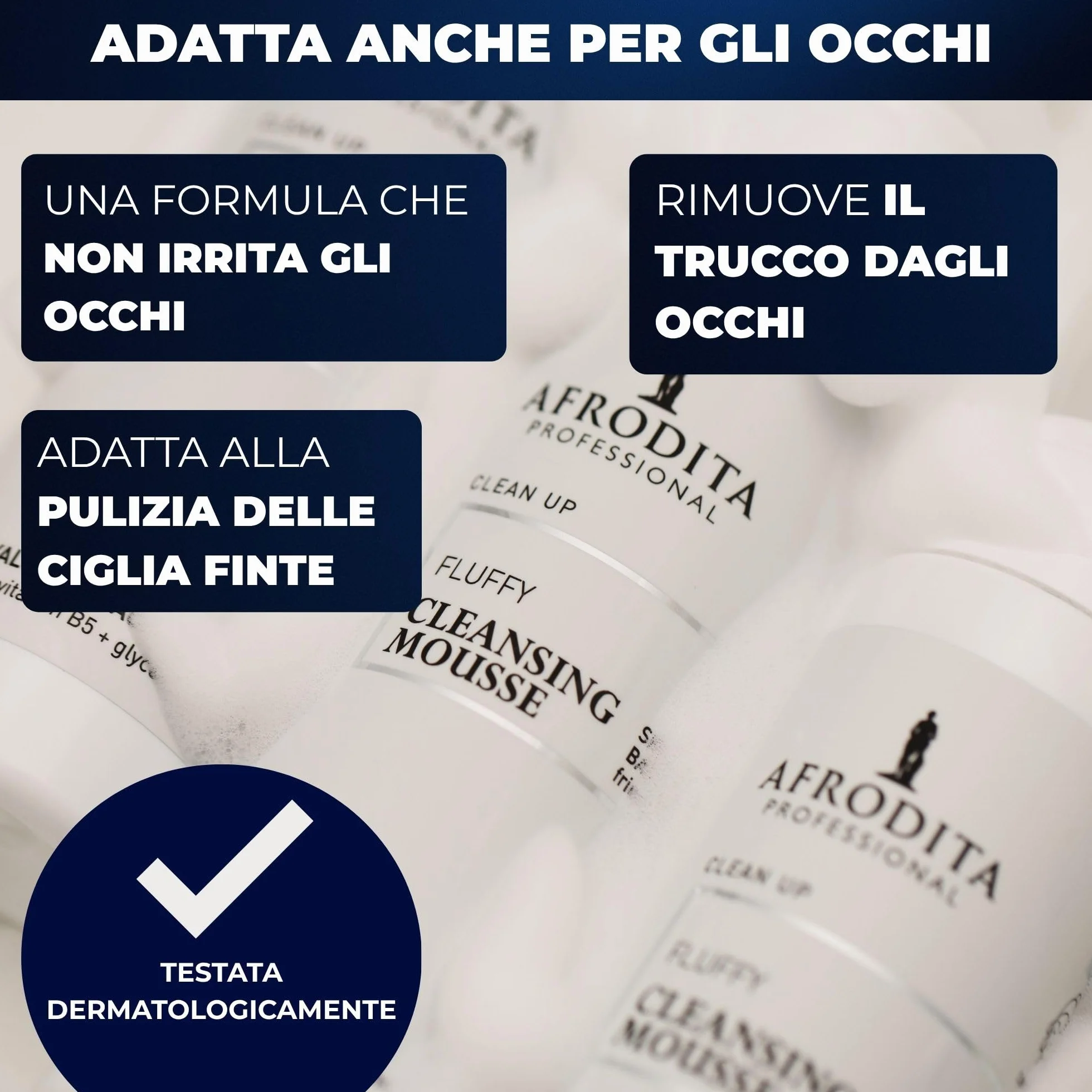 Afrodita Professional Clean Up Fluffy Cleansing Mousse detergente delicato viso pelle sensibile con acido ialuronico e provitamina B5, vegano, 200 ml