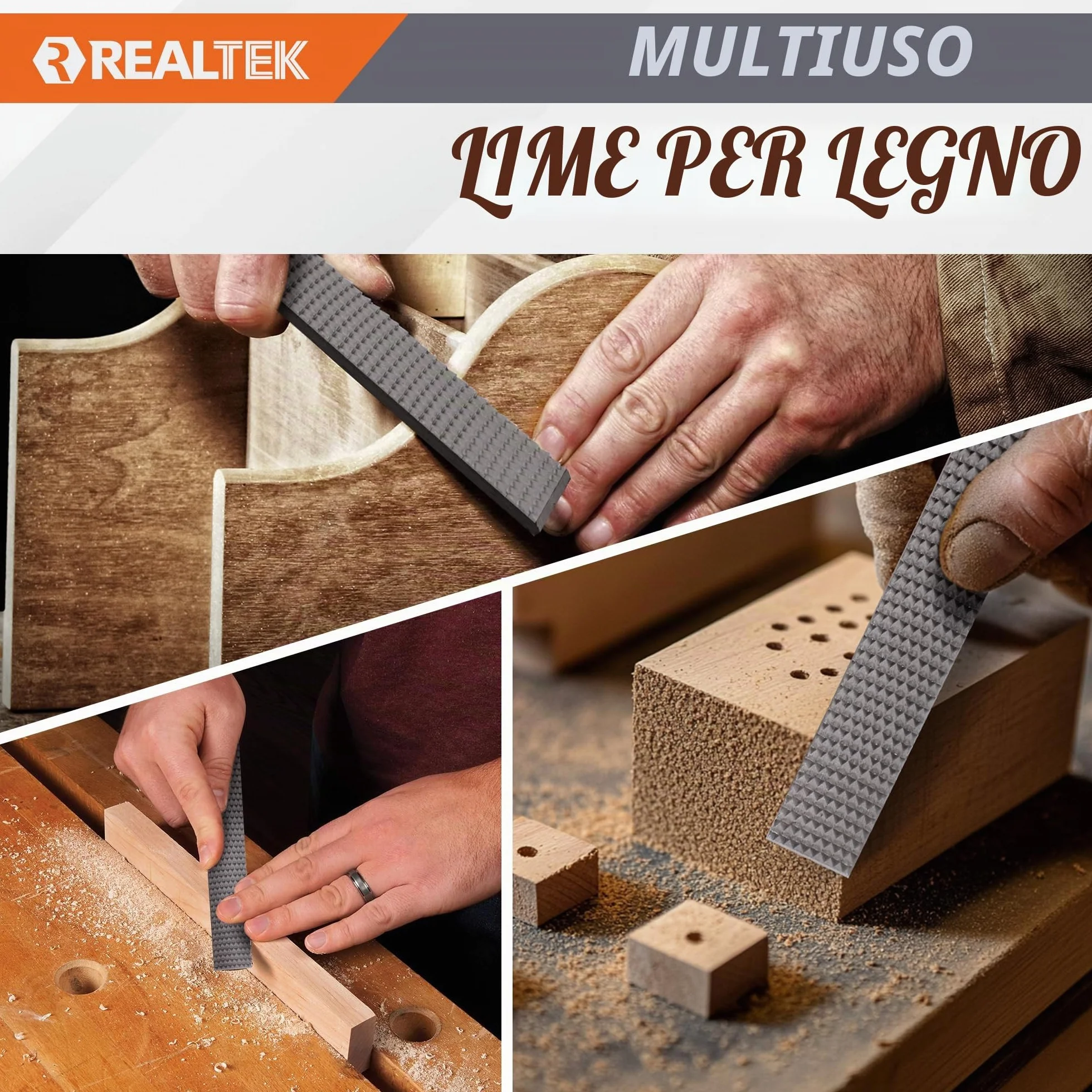 REALTEK Set di raspe per legno 3 pezzi, lima piatta, mezza rotonda e rotonda
