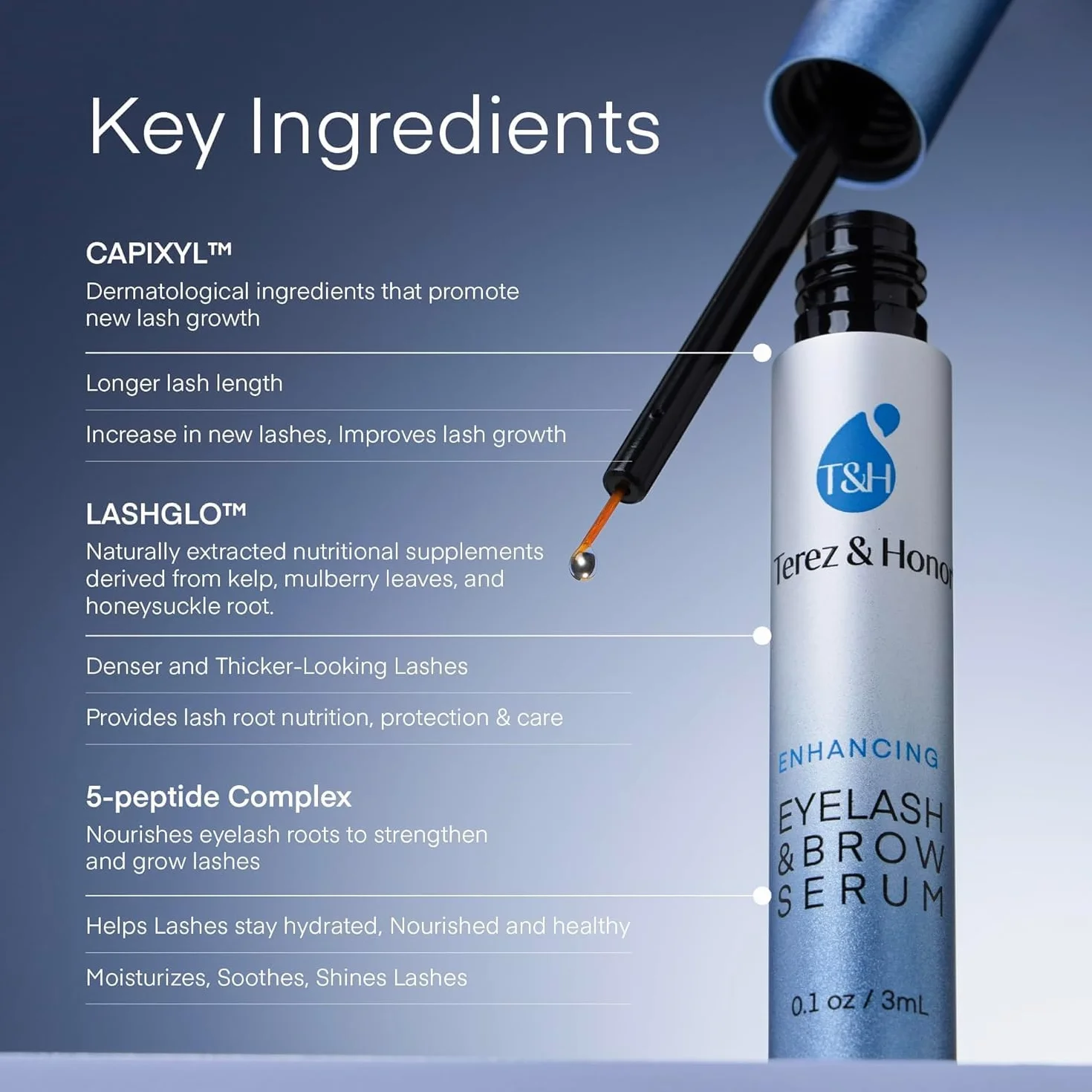 Terez & Honor Siero Crescita Ciglia & Sopracciglia 3 ml - Siero Rinforzante Testato Clinicamente per Ciglia Più Lunghe, Più Folte e Più Spesse - Prodotto in Corea, Senza Ormoni