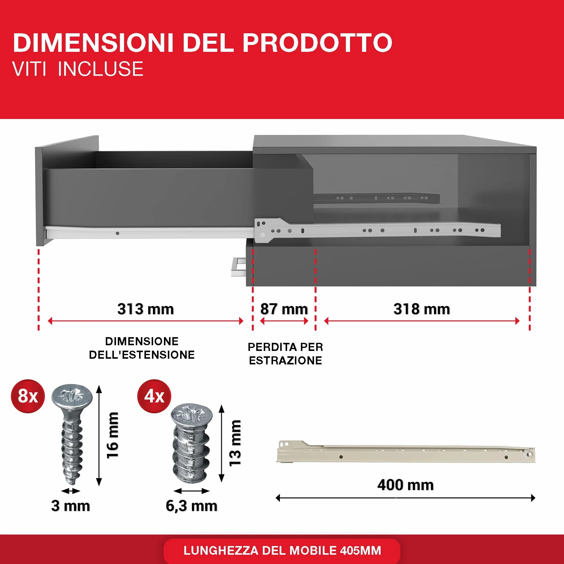 LouMaxx Guide per Cassetti 400 mm Set di 2 Bianco a Scorrimento Morbido