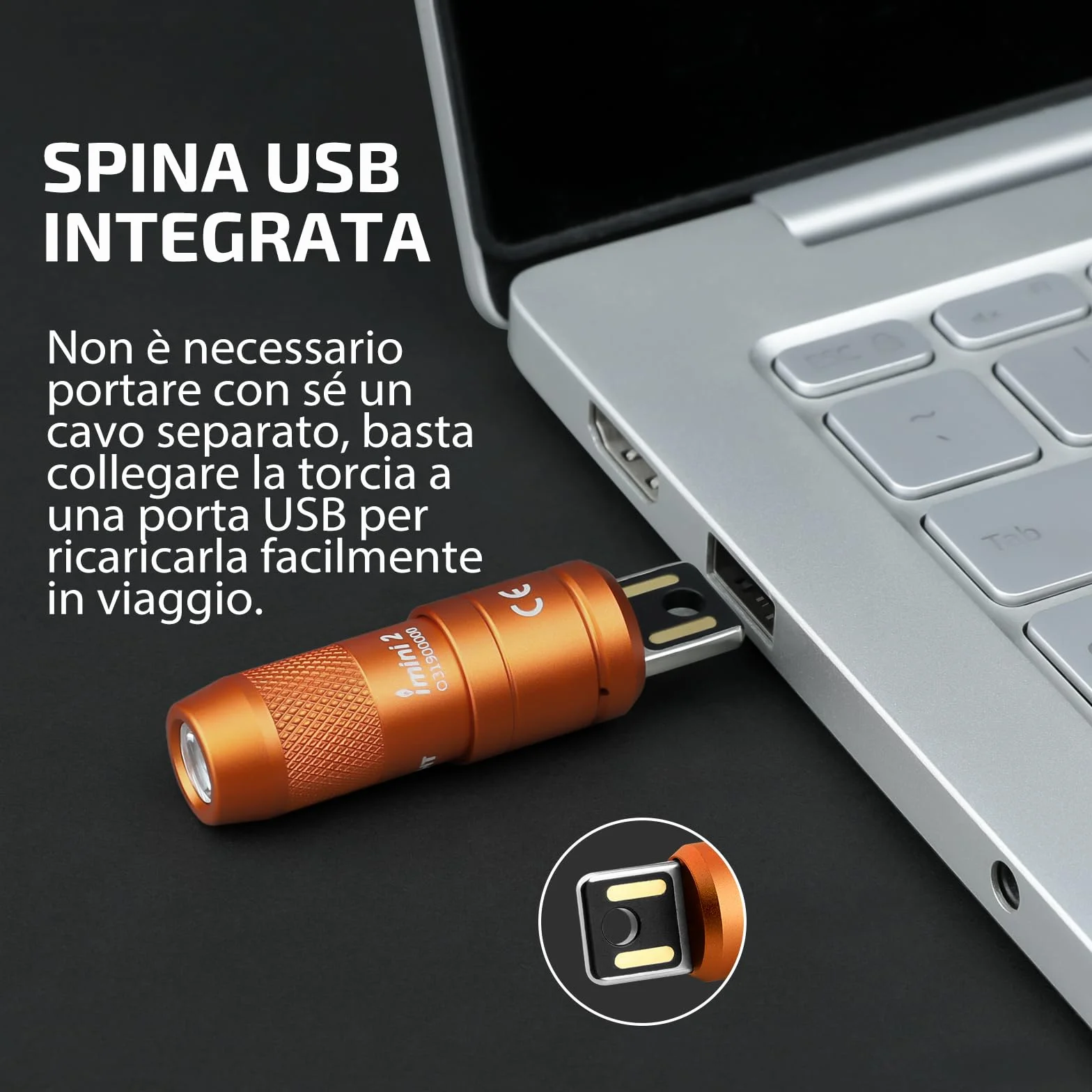 OLIGHT I Mini 2 Mini Torcia Portachiavi a LED con Base Magnetica, Ricarica USB-A, IPX6, 21m, Arancione