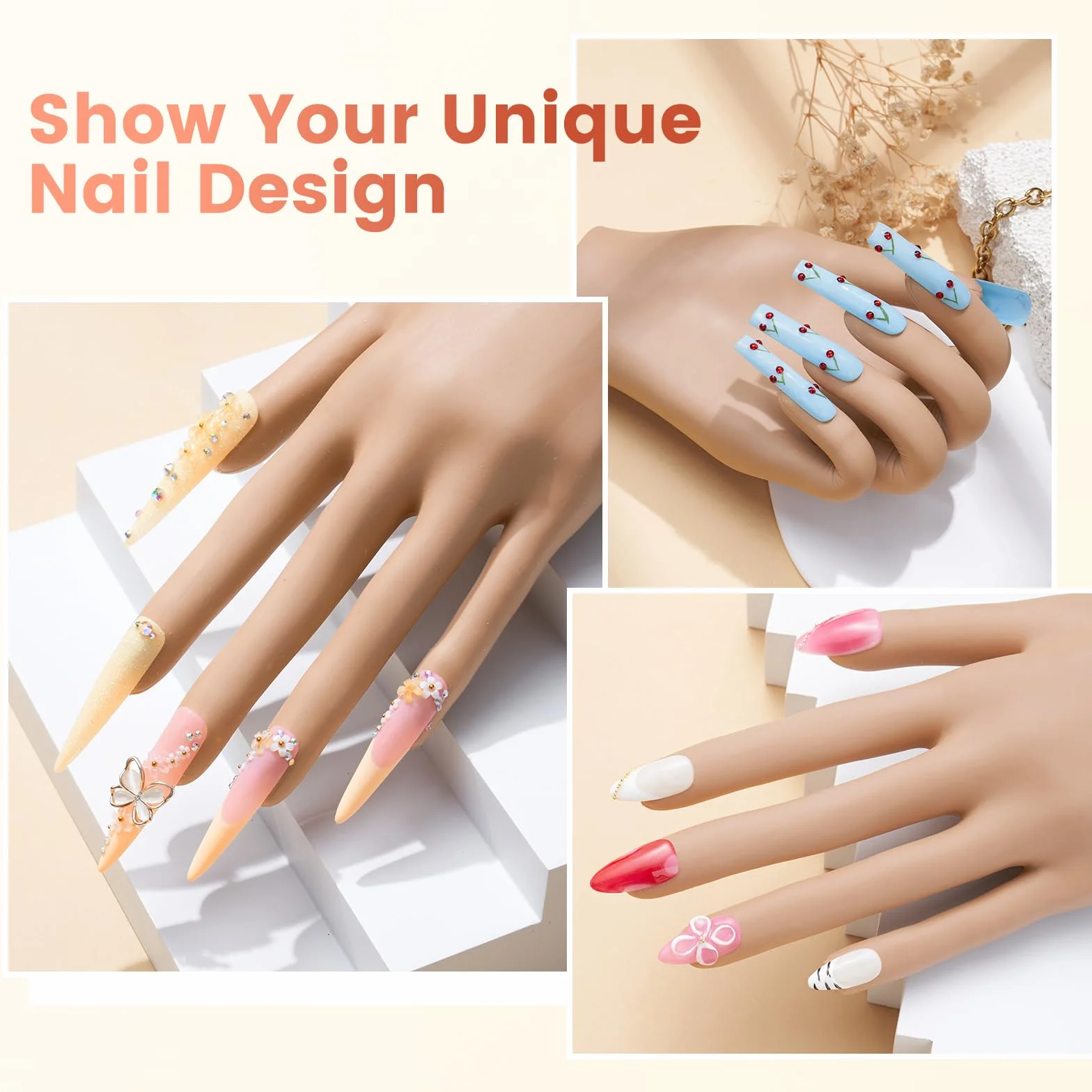Yokilly Mano di esercizio per il design delle unghie: in silicone per unghie in gel – flessibile e mobile manicure per esercizi a mano – Kit per manichino per principianti
